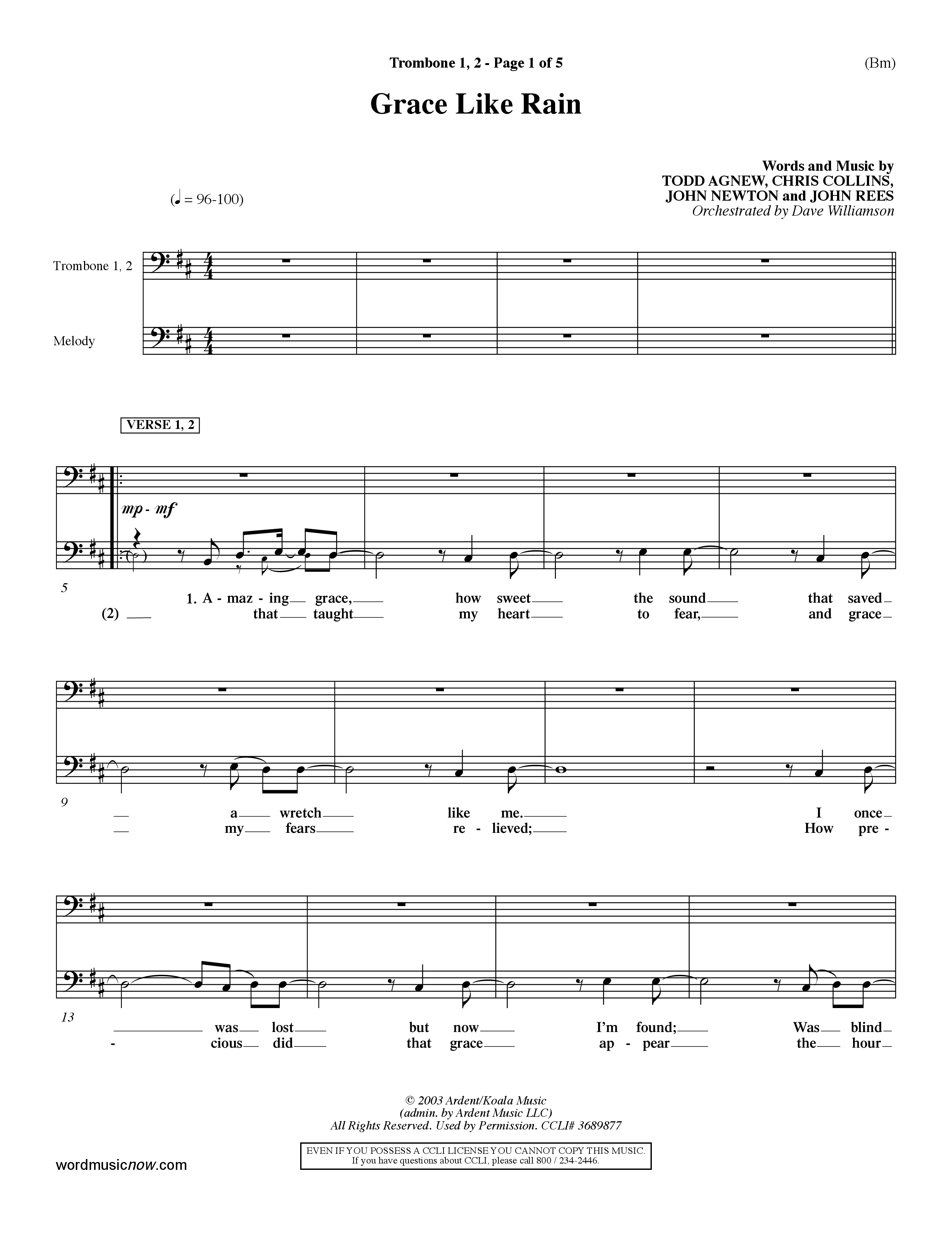 Grace Like Rain (Choral Anthem SATB) Trombone 1/2 (Word Music Choral / Orch. Dave Williamson)