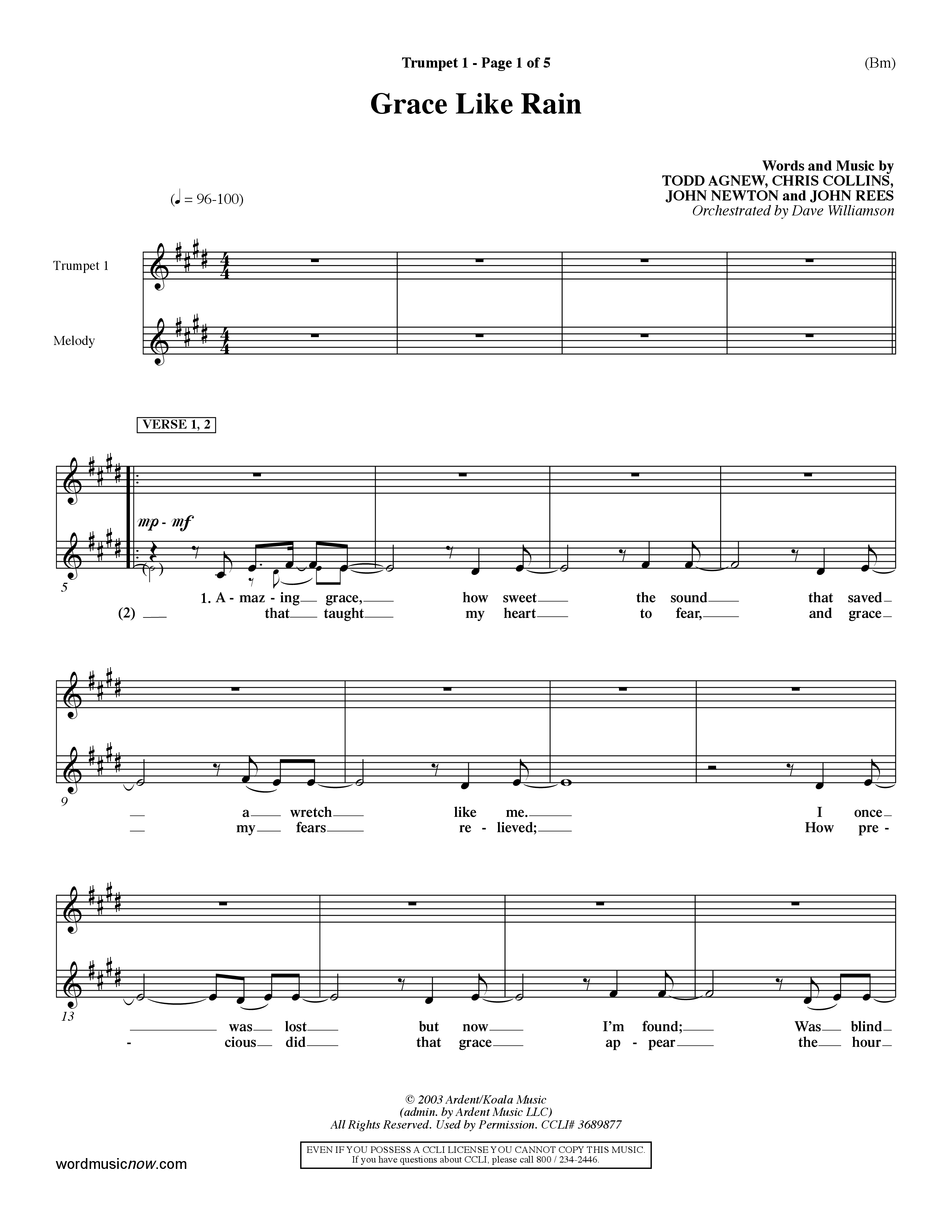 Grace Like Rain (Choral Anthem SATB) Trumpet 1 (Word Music Choral / Orch. Dave Williamson)