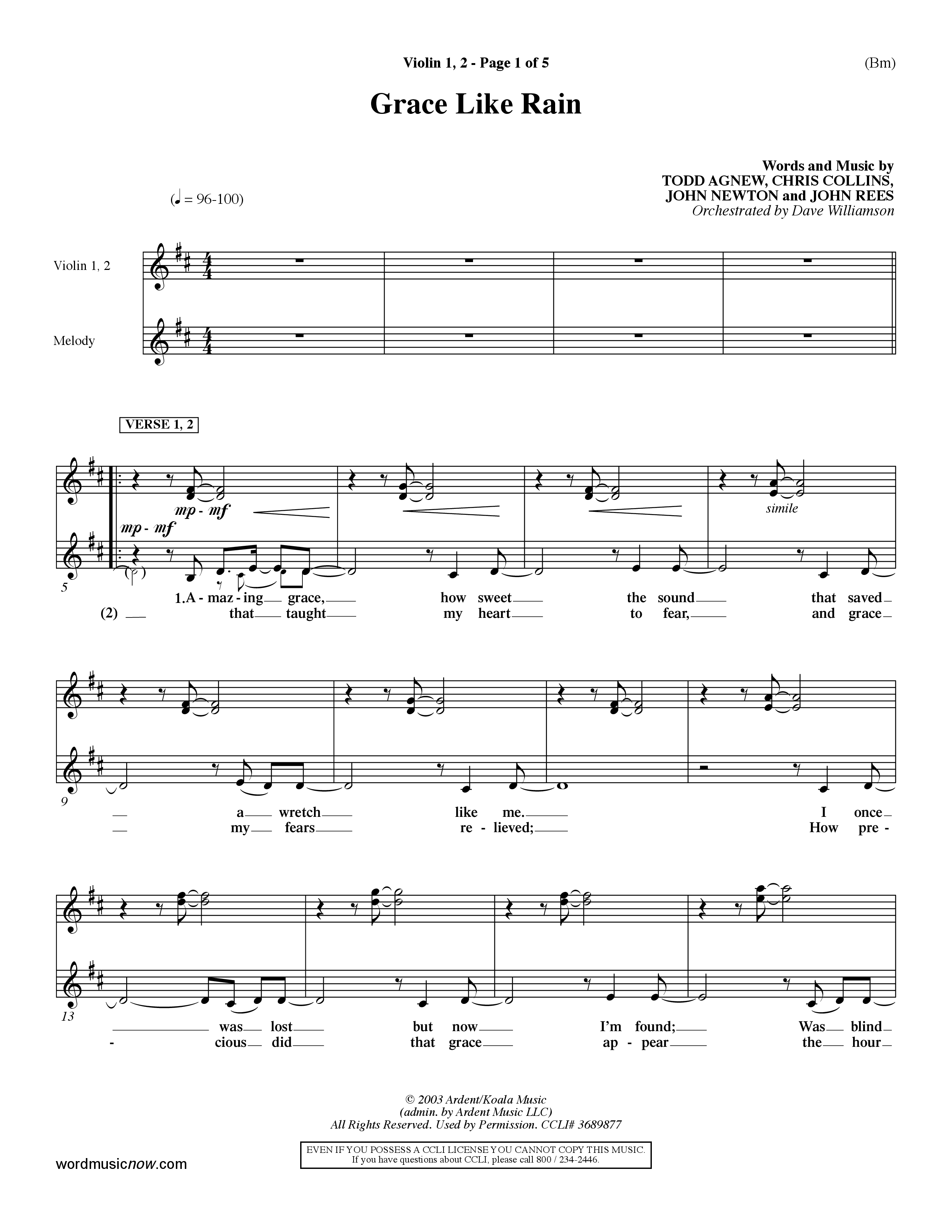 Grace Like Rain (Choral Anthem SATB) Violin 1/2 (Word Music Choral / Orch. Dave Williamson)