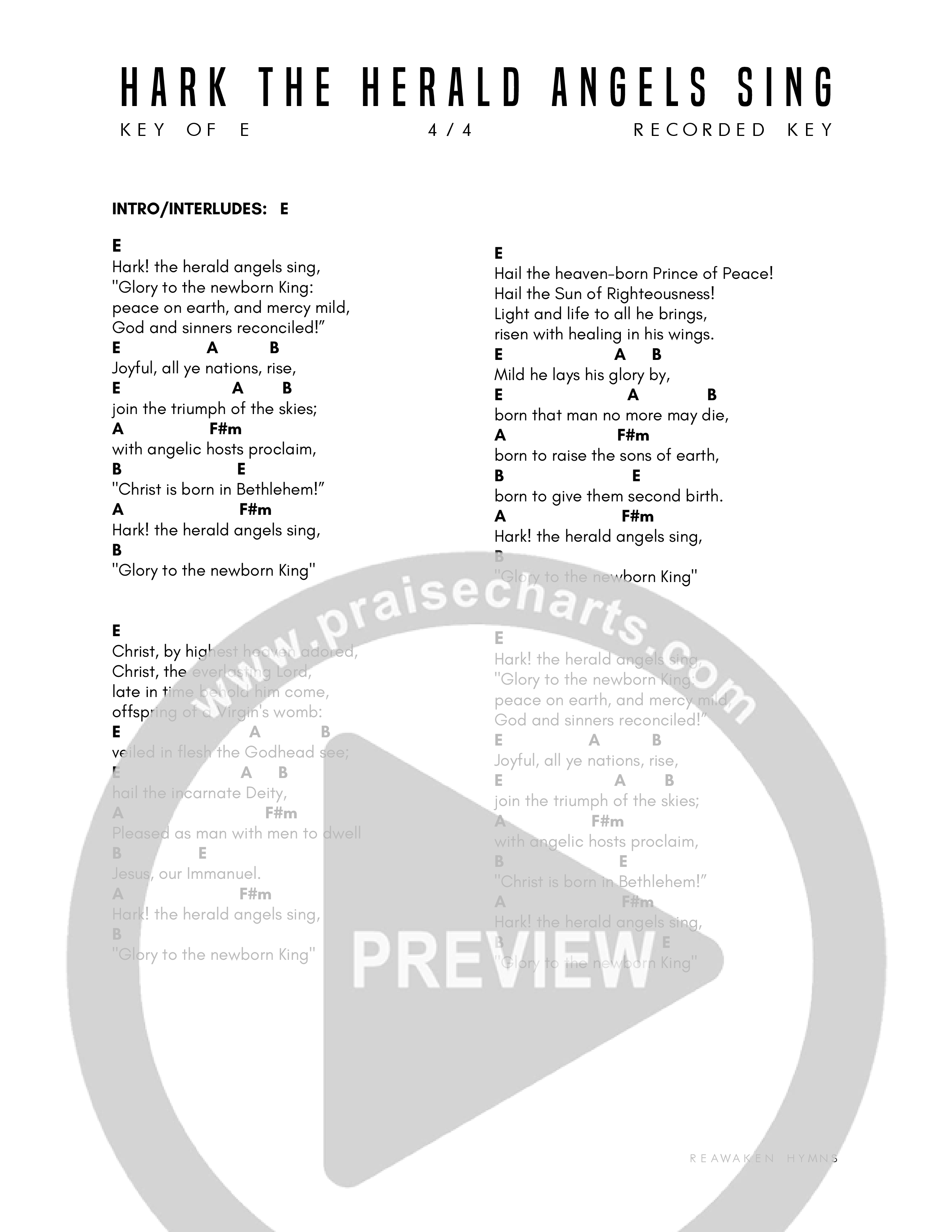 Hark The Herald Angels Sing Chord Chart (Reawaken Hymns)