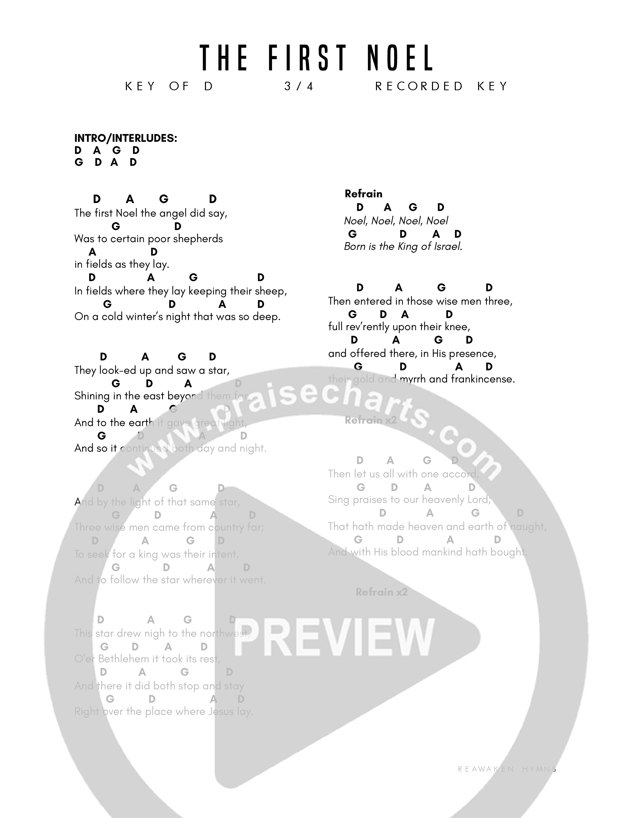 The First Noel Chord Chart (Reawaken Hymns)