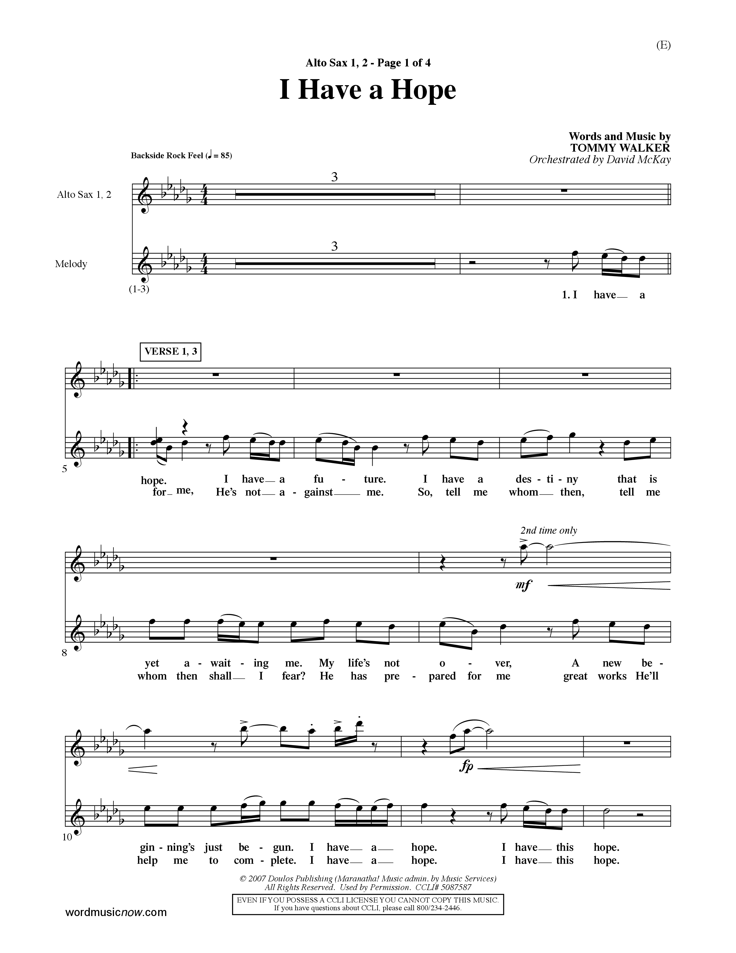 I Have A Hope (Choral Anthem SATB) Alto Sax 1/2 (Word Music Choral / Orch. David McKay)