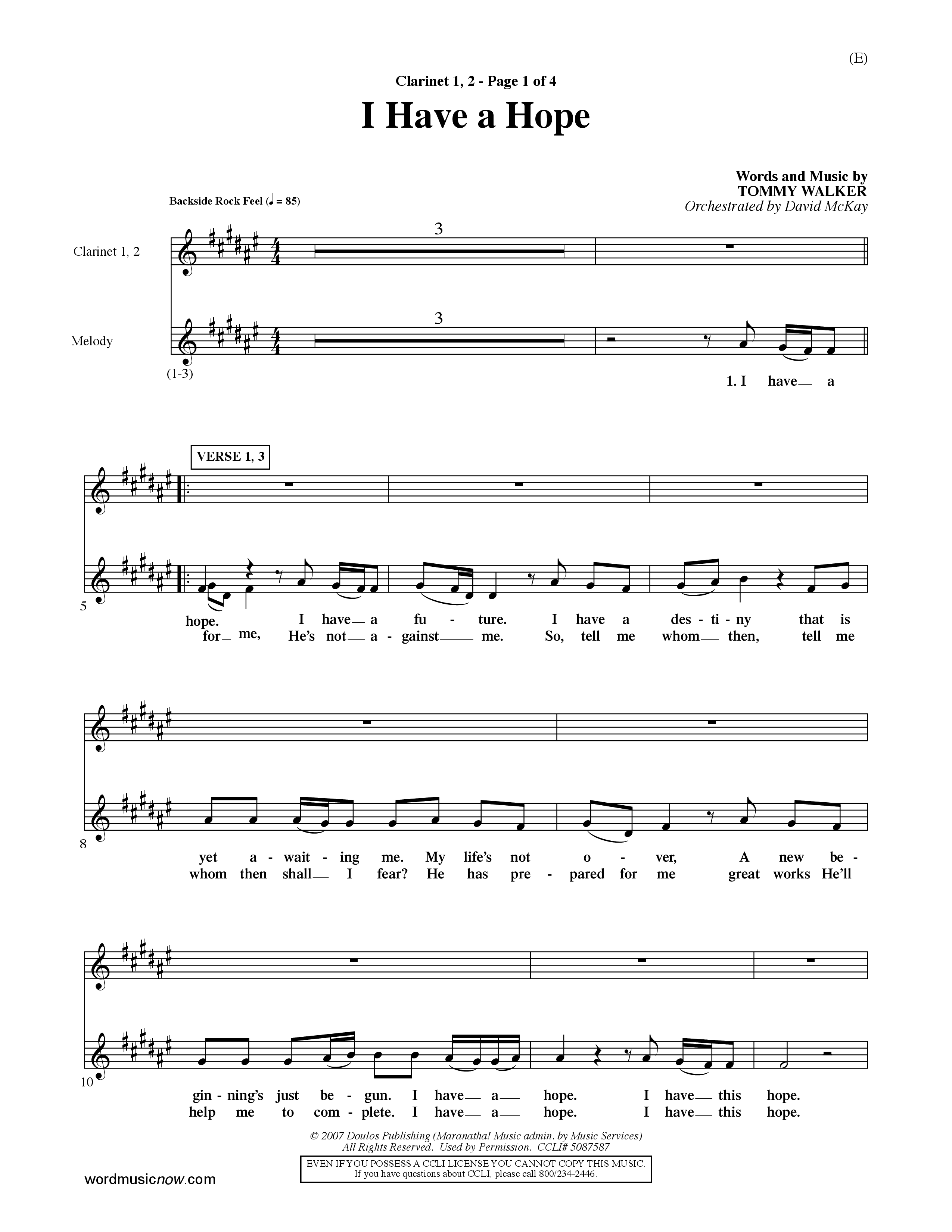 I Have A Hope (Choral Anthem SATB) Clarinet 1/2 (Word Music Choral / Orch. David McKay)
