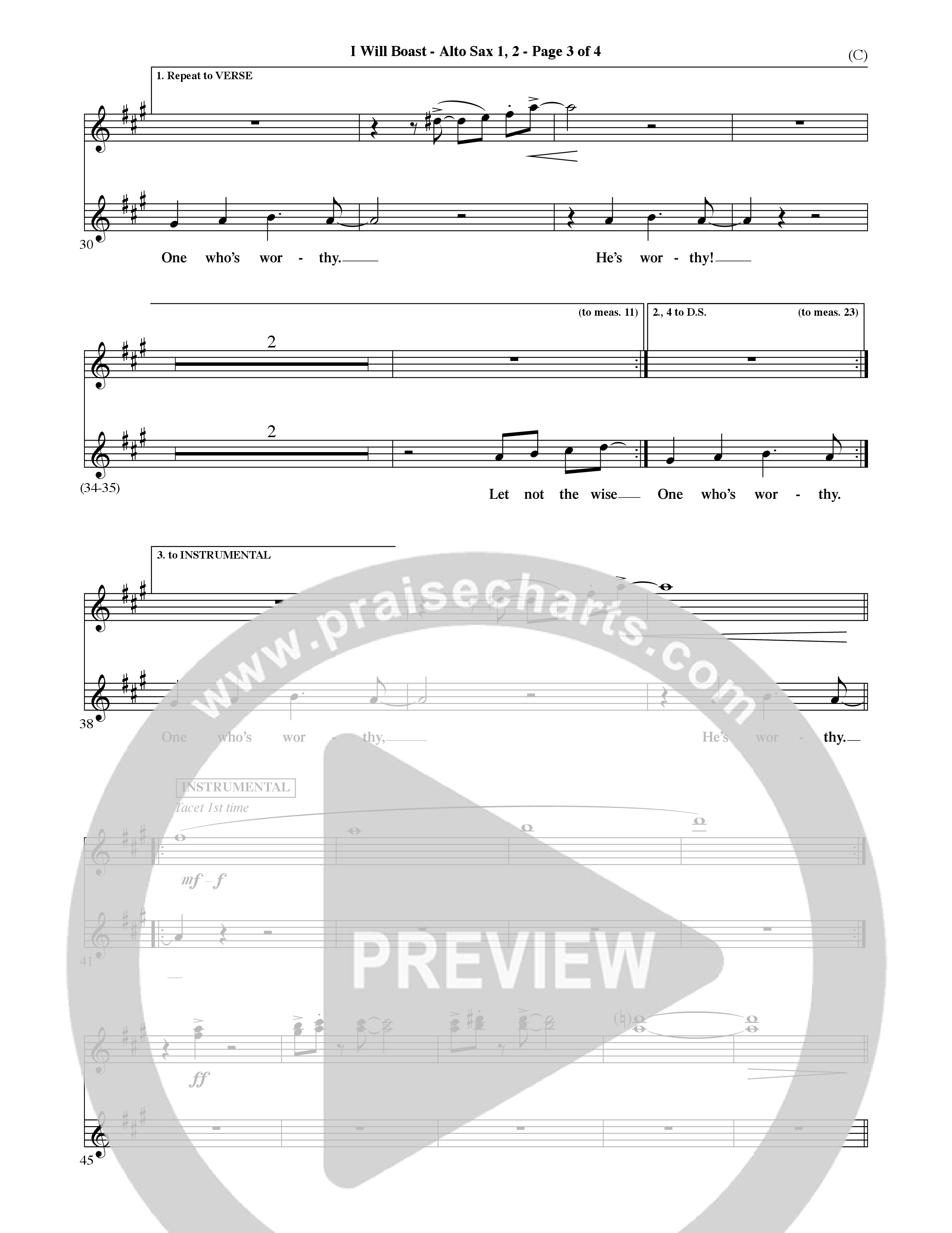 I Will Boast (Choral Anthem SATB) Alto Sax 1/2 (Word Music Choral / Orch. David McKay)