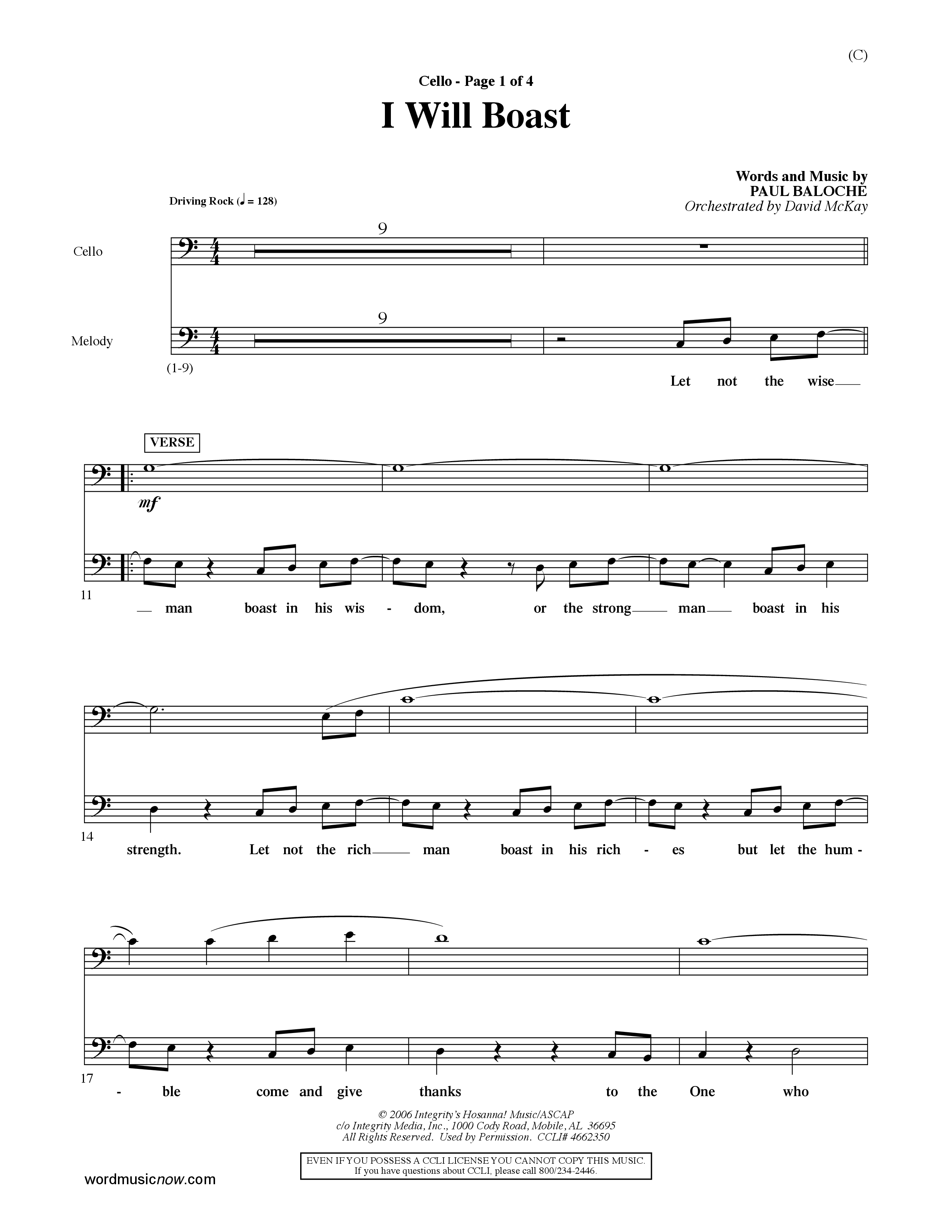 I Will Boast (Choral Anthem SATB) Cello (Word Music Choral / Orch. David McKay)