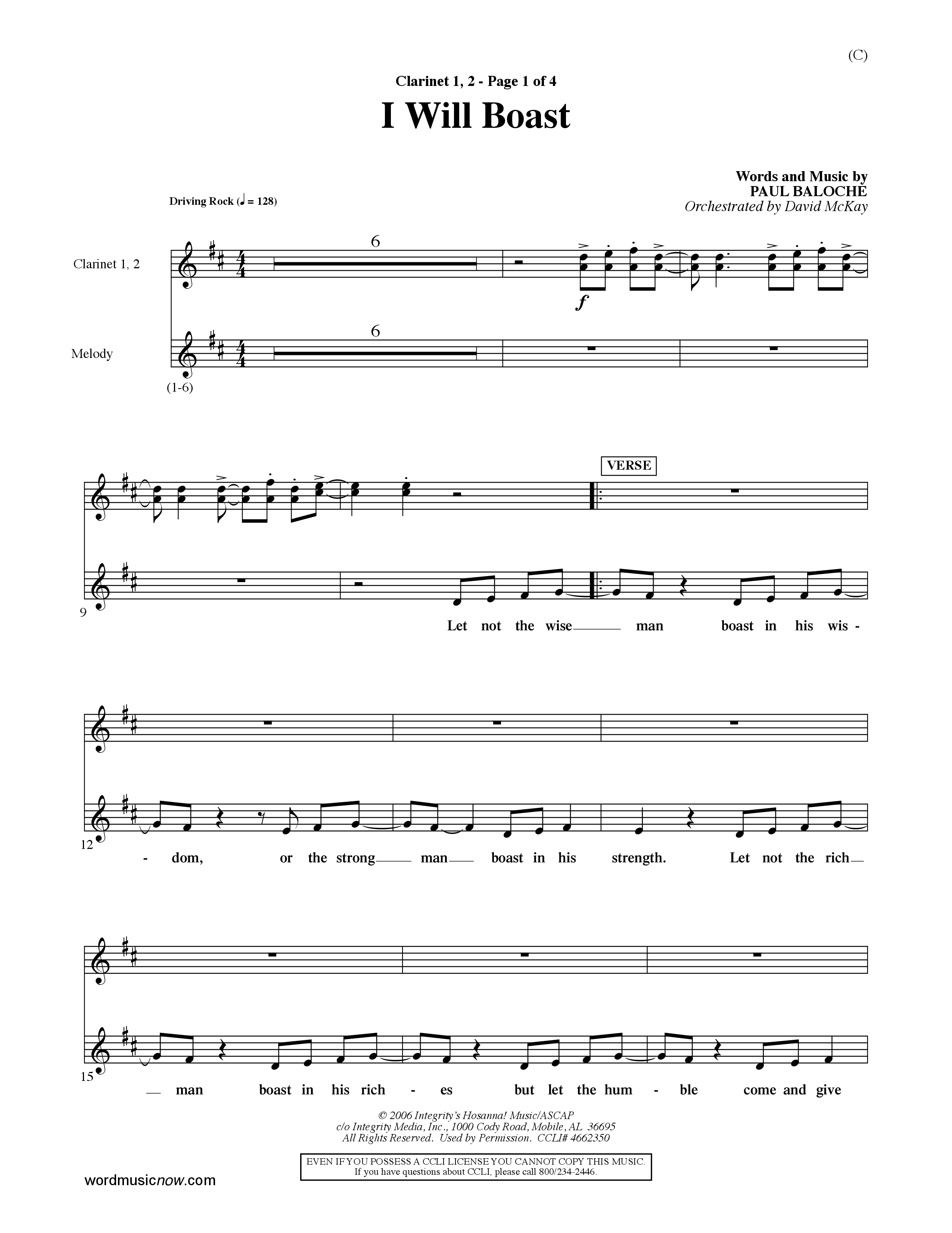 I Will Boast (Choral Anthem SATB) Clarinet 1/2 (Word Music Choral / Orch. David McKay)