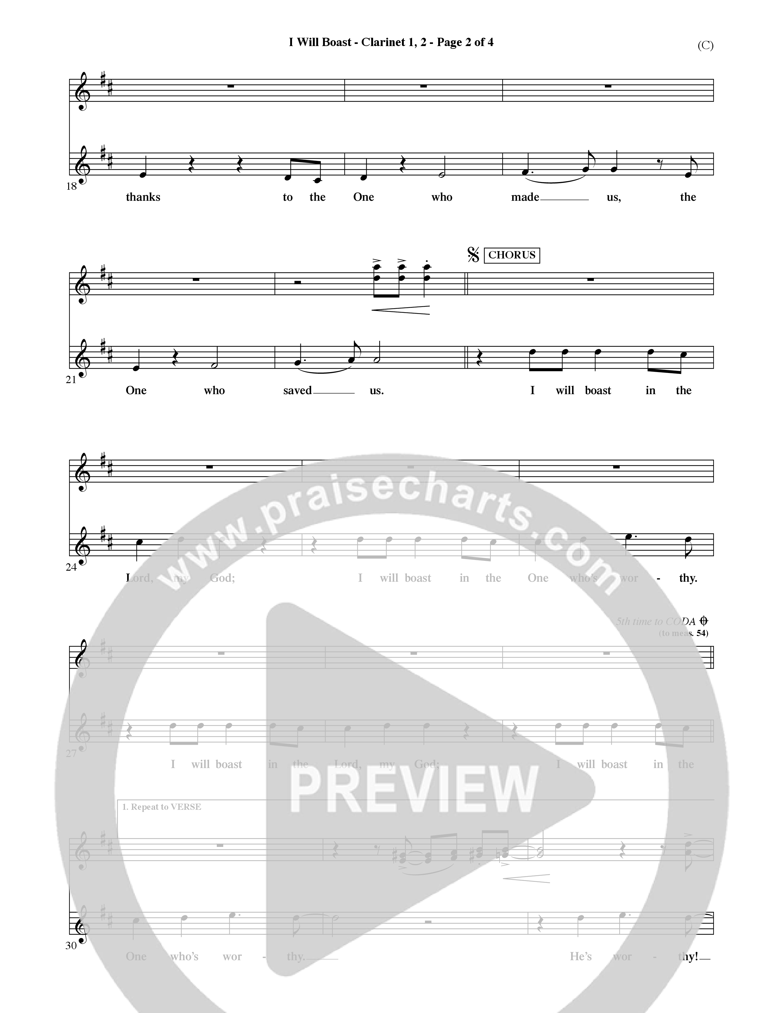 I Will Boast (Choral Anthem SATB) Clarinet 1/2 (Word Music Choral / Orch. David McKay)