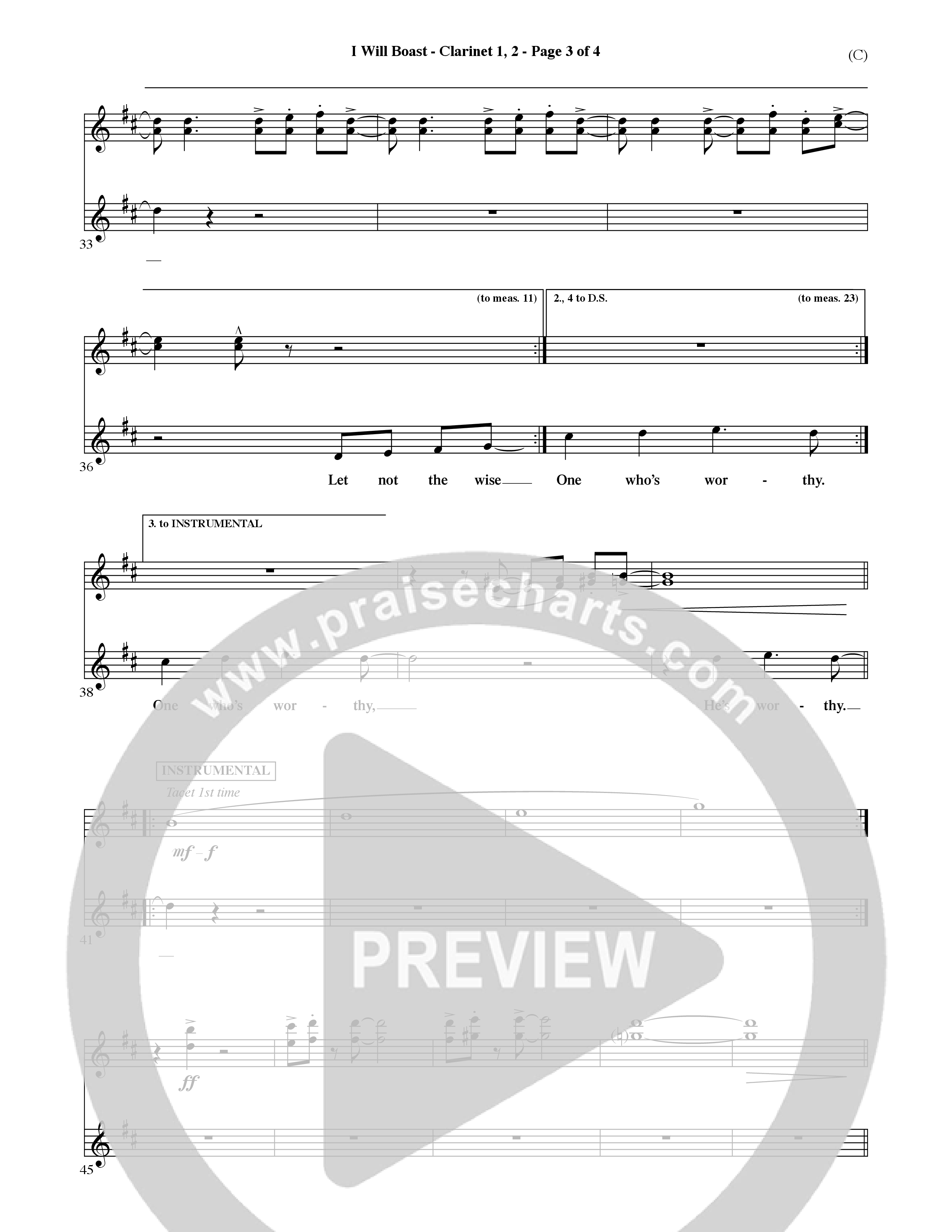 I Will Boast (Choral Anthem SATB) Clarinet 1/2 (Word Music Choral / Orch. David McKay)