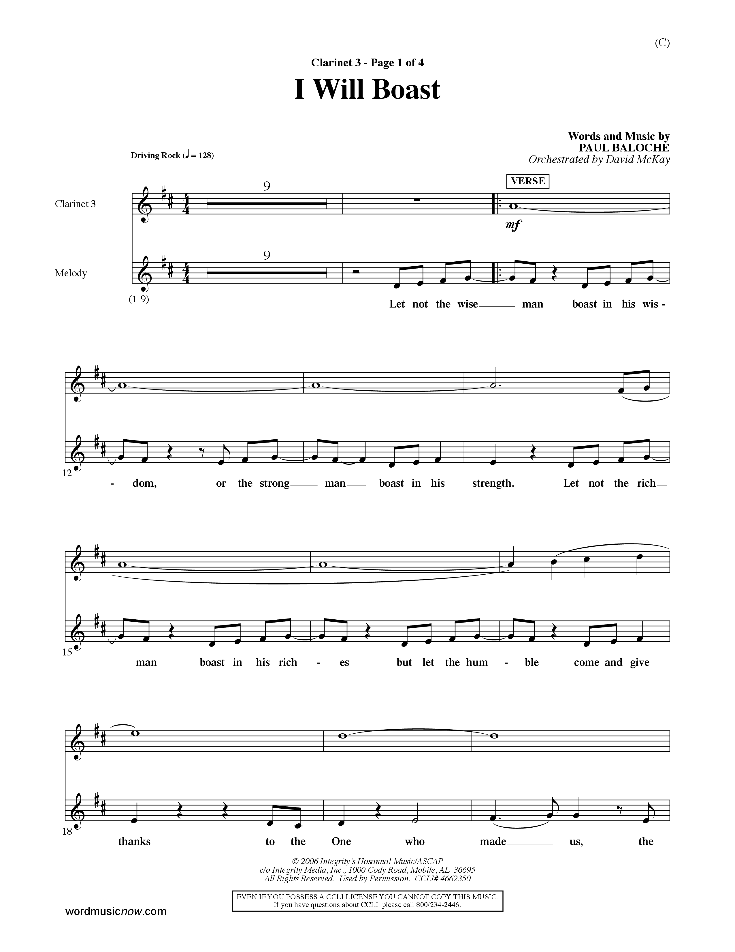 I Will Boast (Choral Anthem SATB) Clarinet (Word Music Choral / Orch. David McKay)