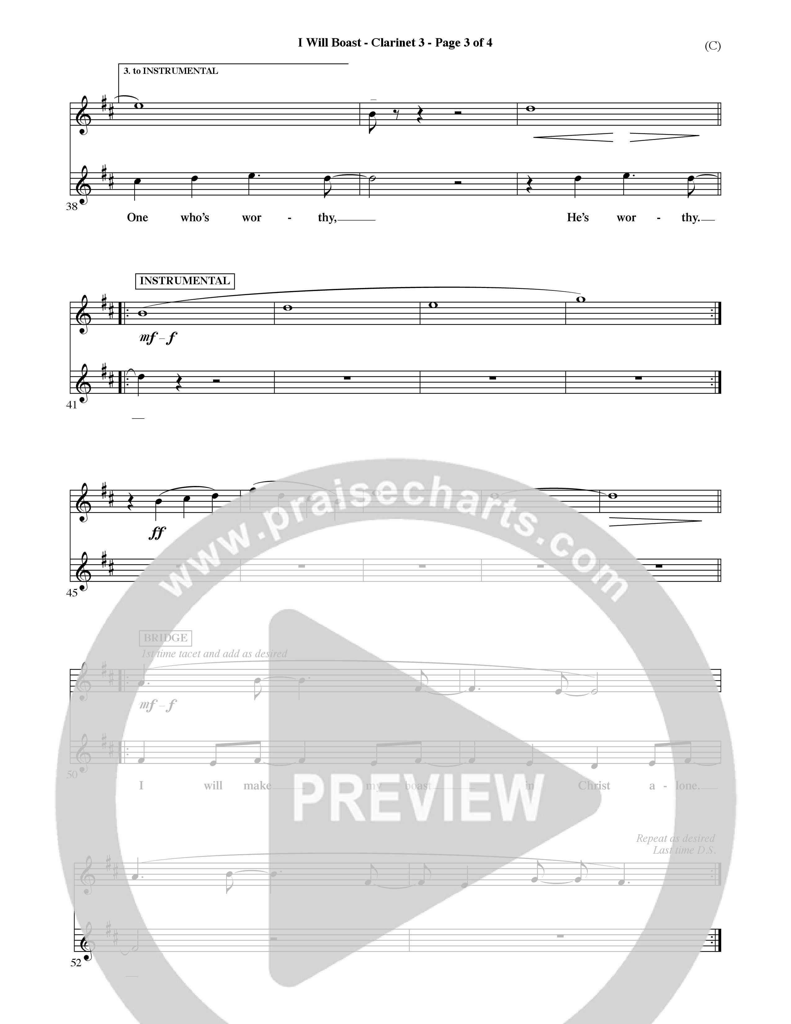 I Will Boast (Choral Anthem SATB) Clarinet (Word Music Choral / Orch. David McKay)