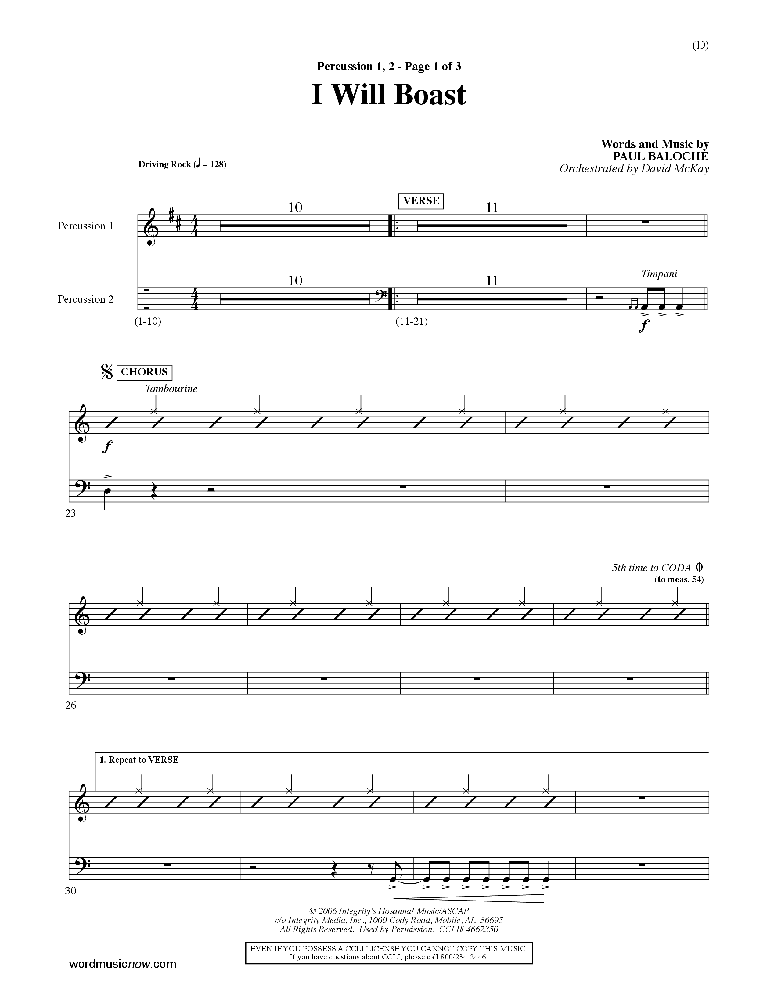 I Will Boast (Choral Anthem SATB) Percussion 1/2 (Word Music Choral / Orch. David McKay)