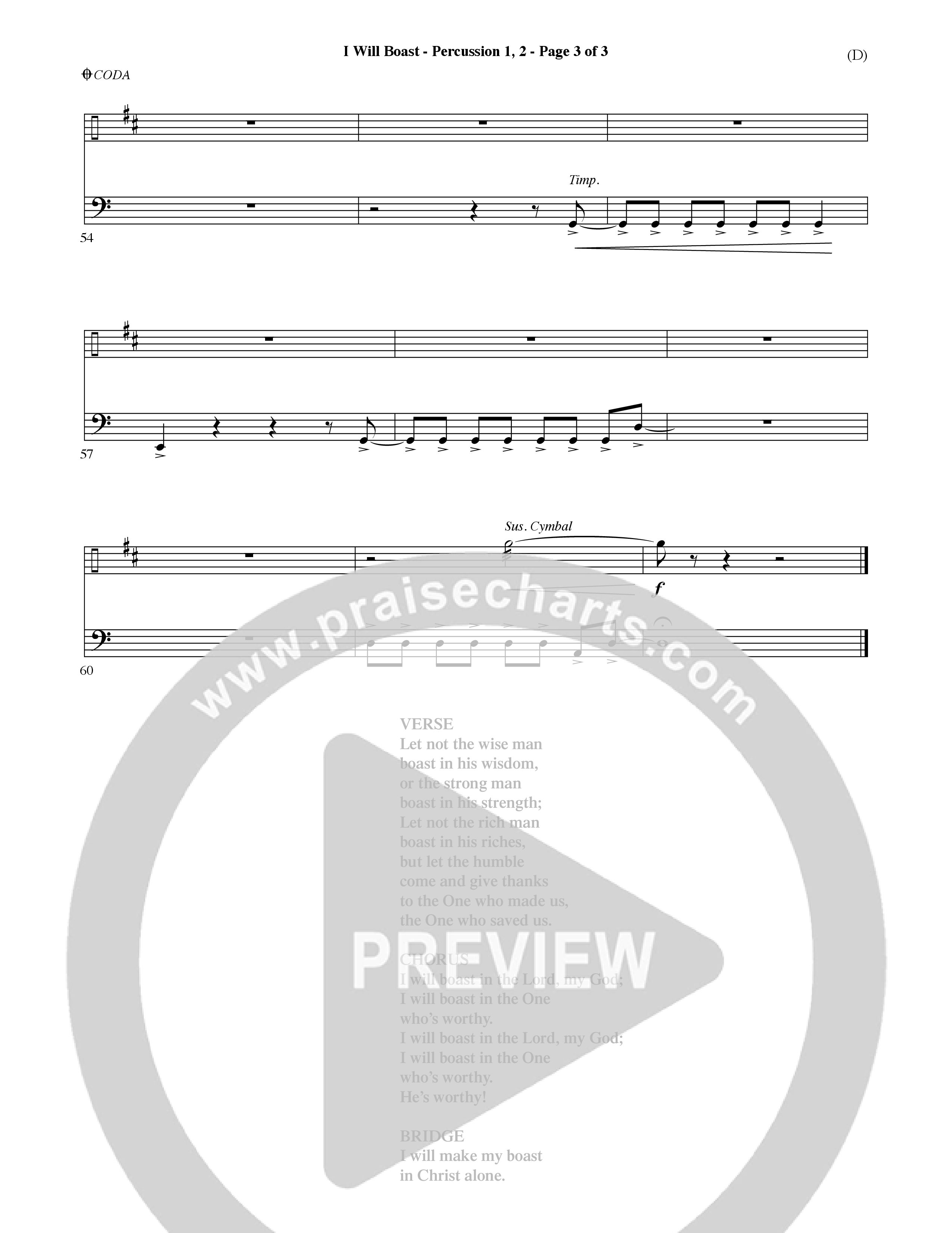 I Will Boast (Choral Anthem SATB) Percussion 1/2 (Word Music Choral / Orch. David McKay)