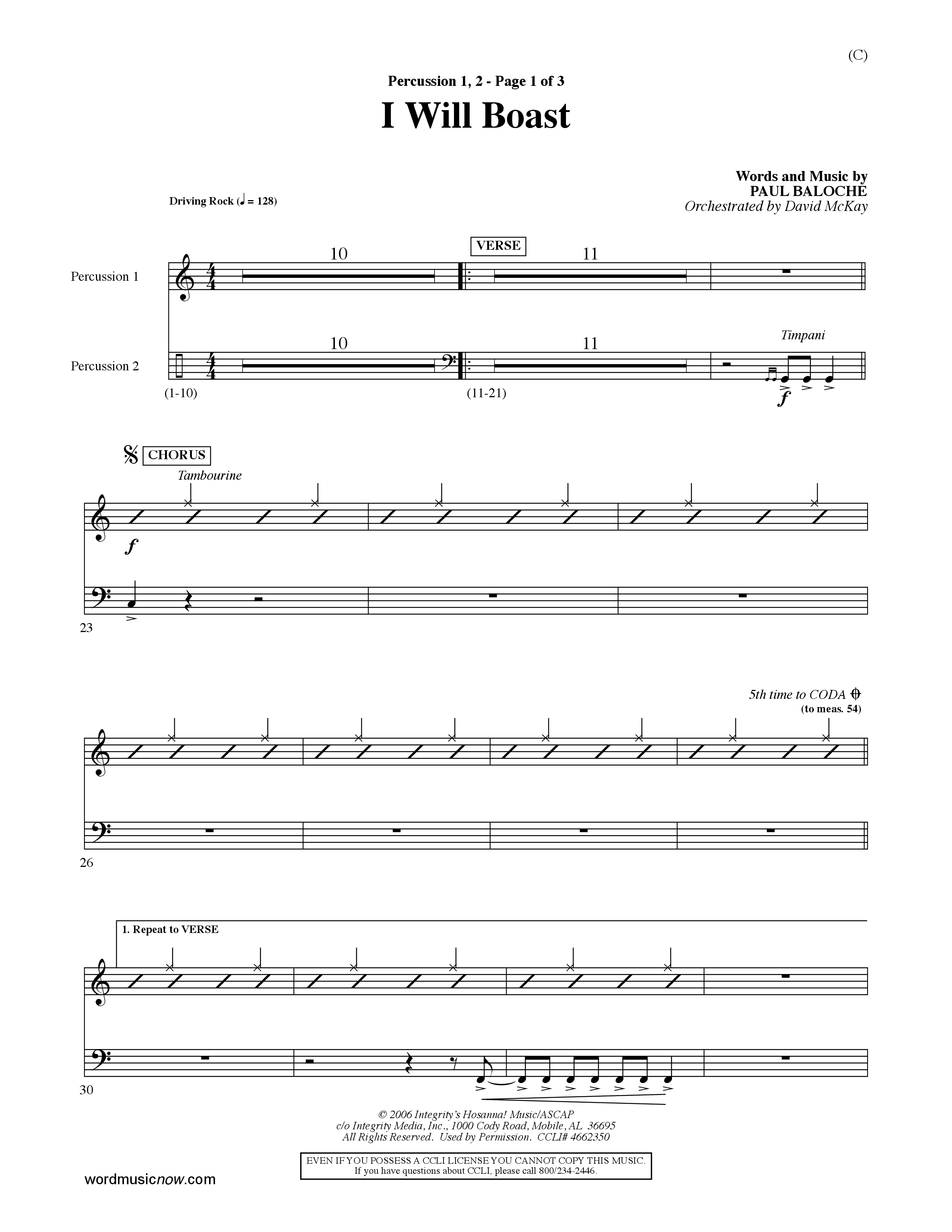 I Will Boast (Choral Anthem SATB) Percussion (Word Music Choral / Orch. David McKay)
