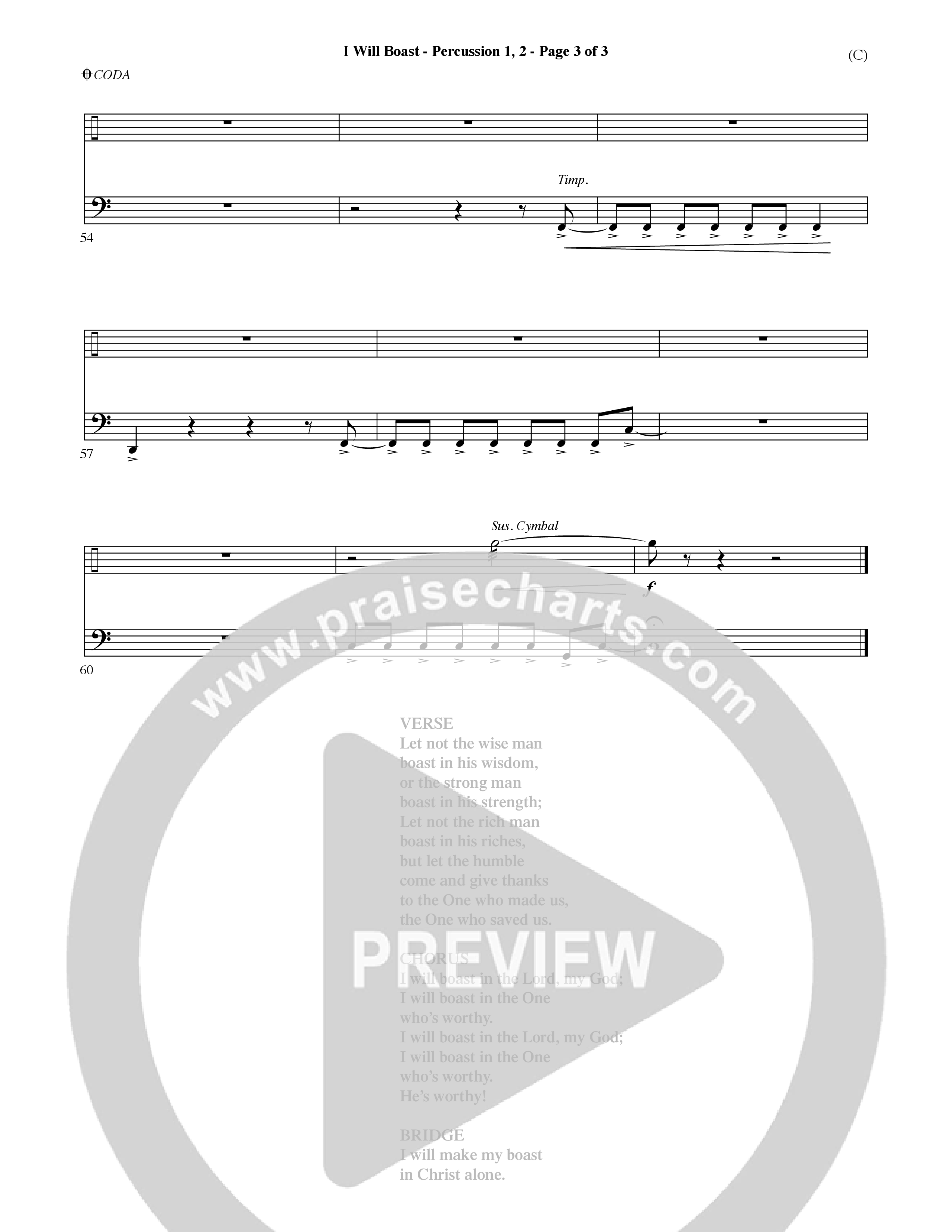 I Will Boast (Choral Anthem SATB) Percussion (Word Music Choral / Orch. David McKay)