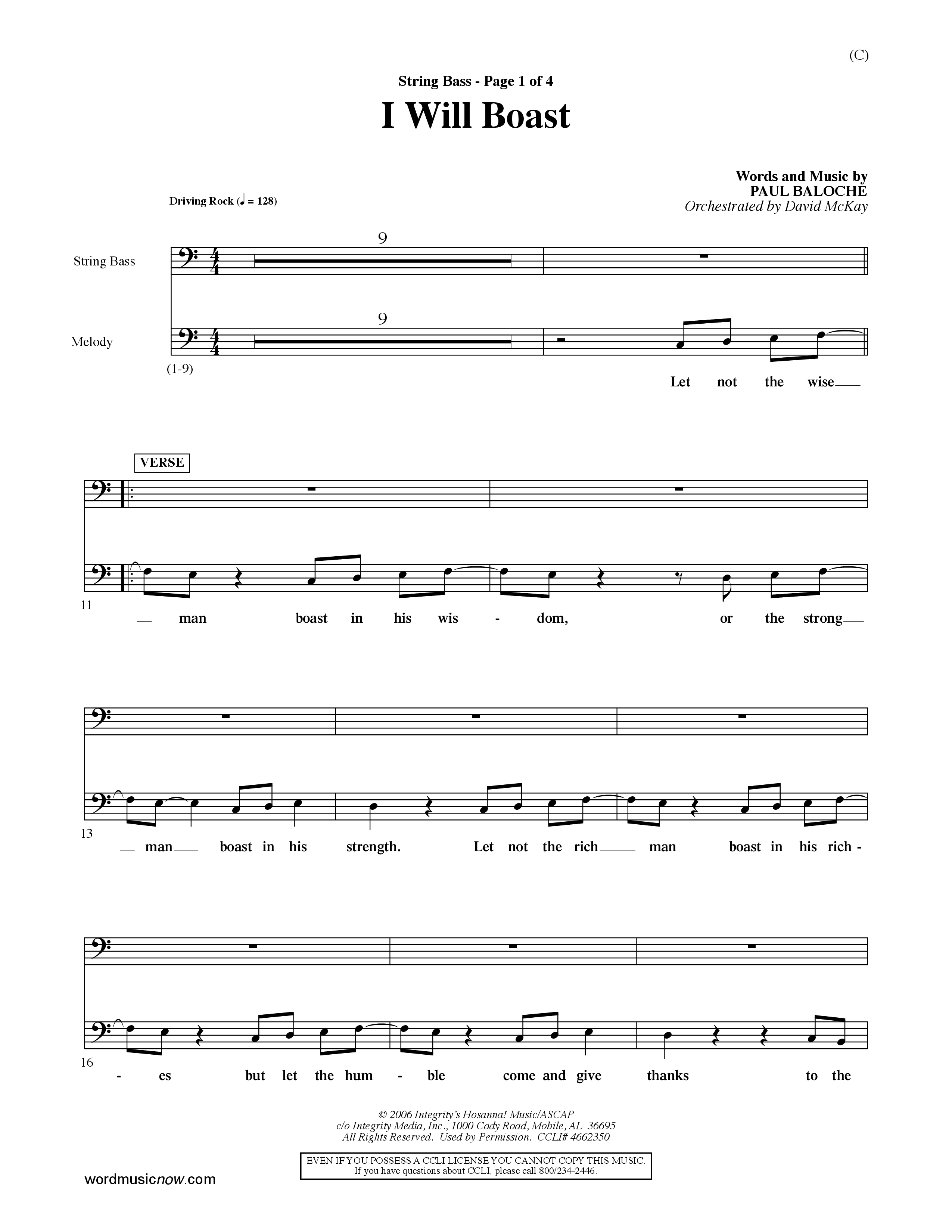 I Will Boast (Choral Anthem SATB) String Bass (Word Music Choral / Orch. David McKay)