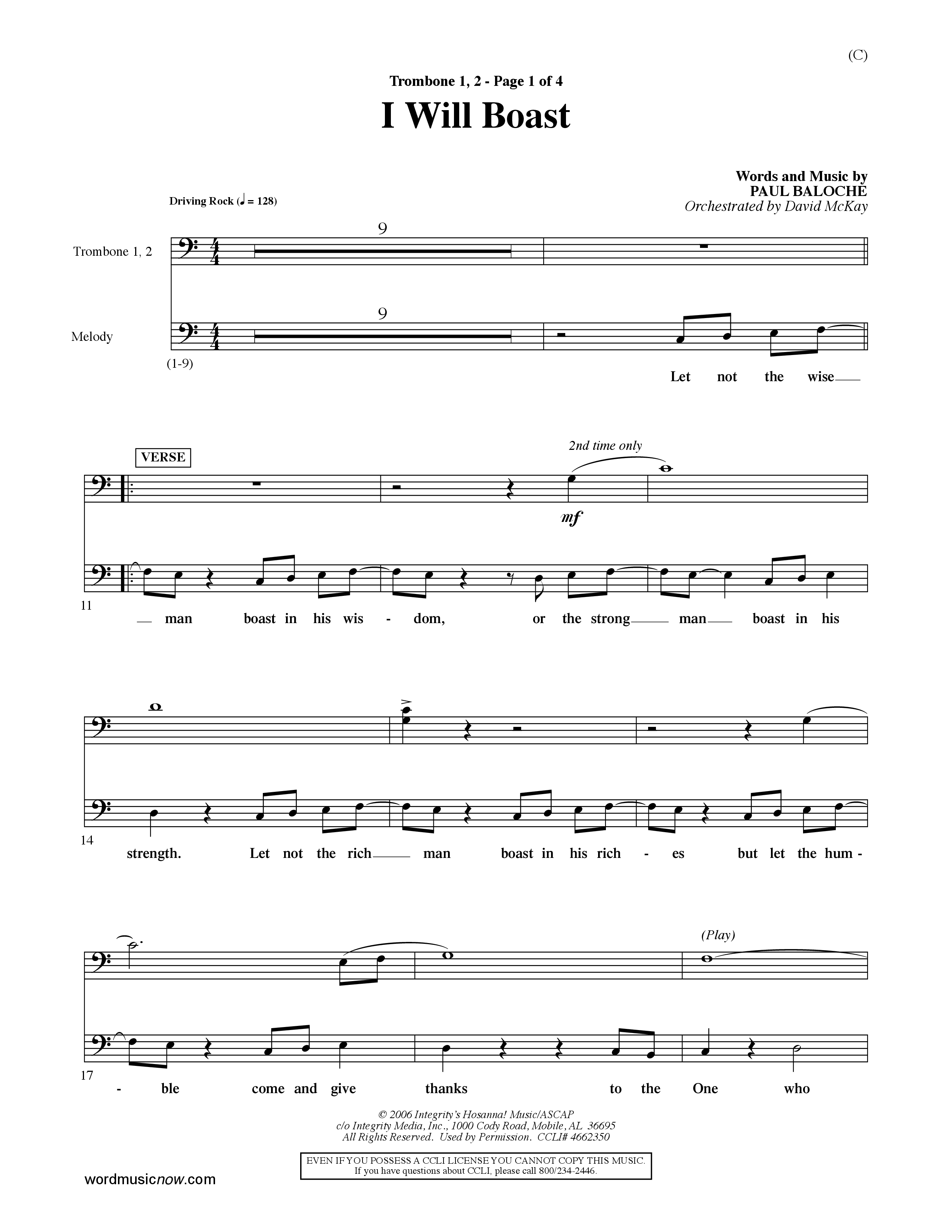 I Will Boast (Choral Anthem SATB) Trombone 1/2 (Word Music Choral / Orch. David McKay)