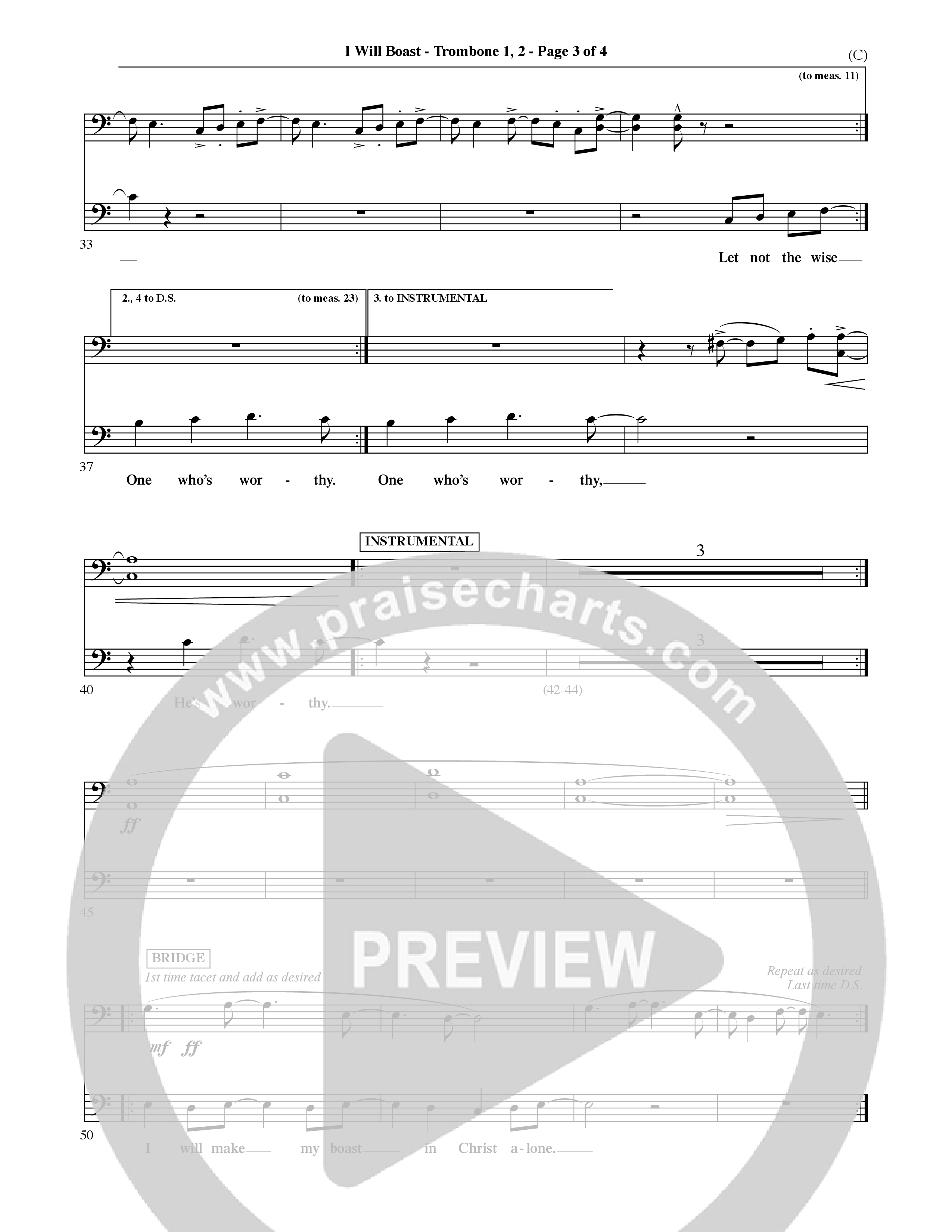 I Will Boast (Choral Anthem SATB) Trombone 1/2 (Word Music Choral / Orch. David McKay)