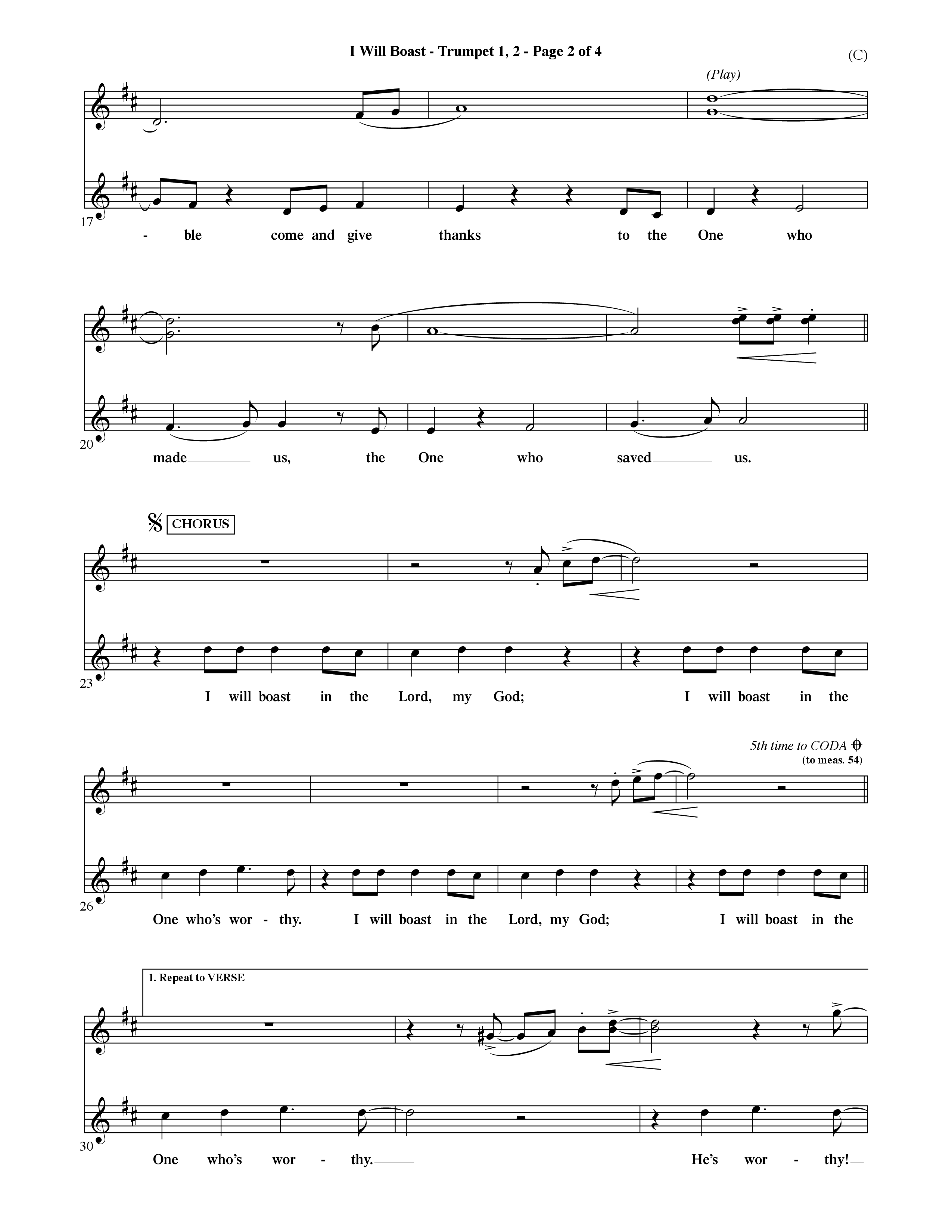 I Will Boast (Choral Anthem SATB) Trumpet 1,2 (Word Music Choral / Orch. David McKay)