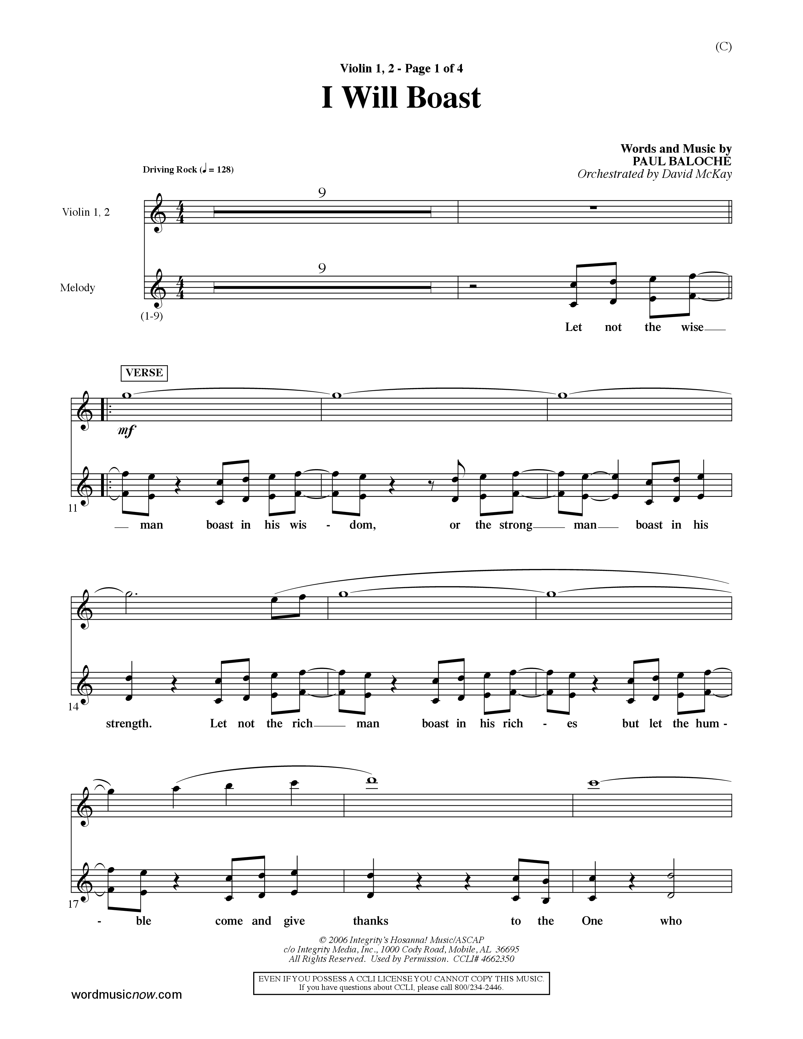 I Will Boast (Choral Anthem SATB) Violin 1/2 (Word Music Choral / Orch. David McKay)