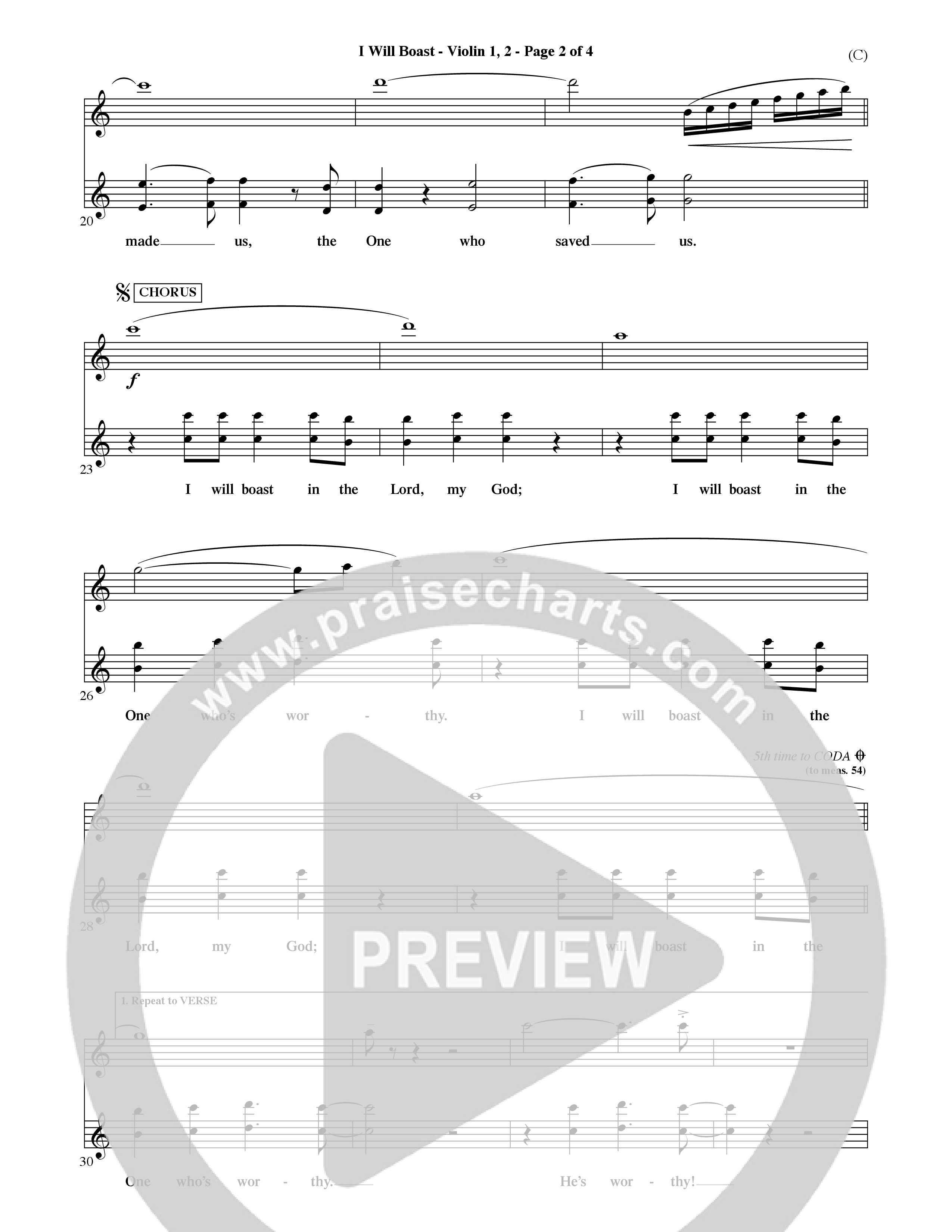 I Will Boast (Choral Anthem SATB) Violin 1/2 (Word Music Choral / Orch. David McKay)
