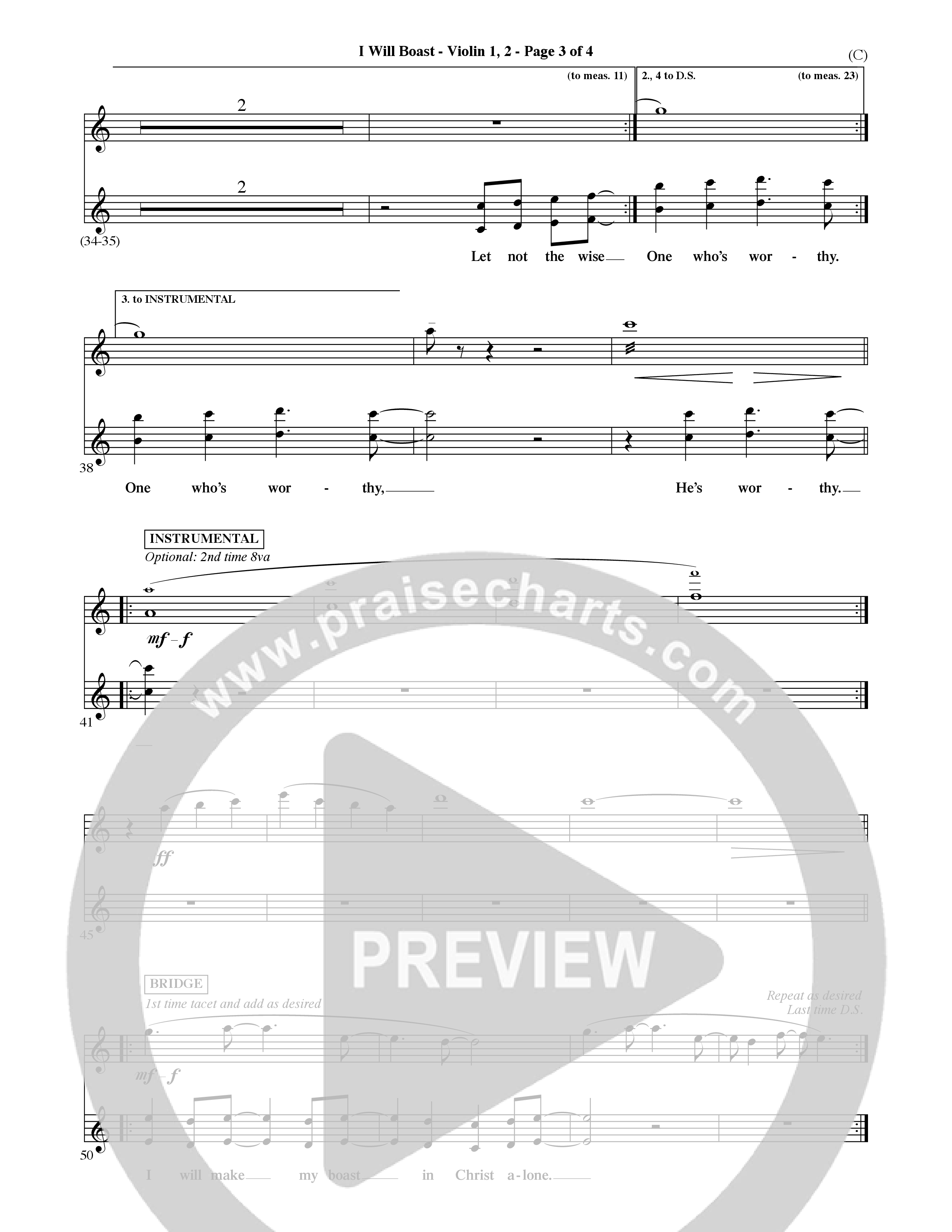 I Will Boast (Choral Anthem SATB) Violin 1/2 (Word Music Choral / Orch. David McKay)