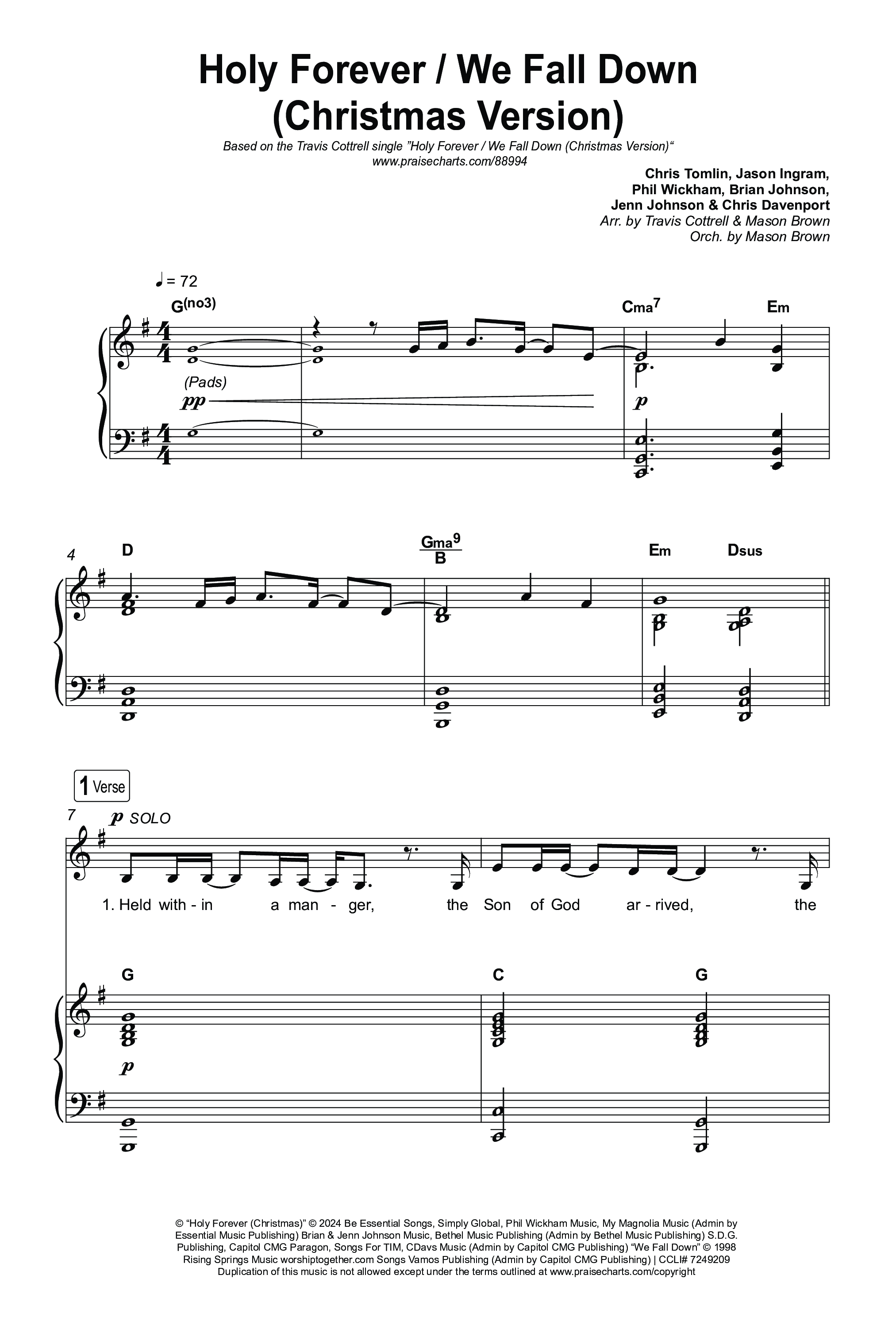 Holy Forever / We Fall Down (Christmas Version) (Choral/SATB) Octavo (SATB & Pno) (Travis Cottrell / Skye Reedy / Arr. Mason Brown)