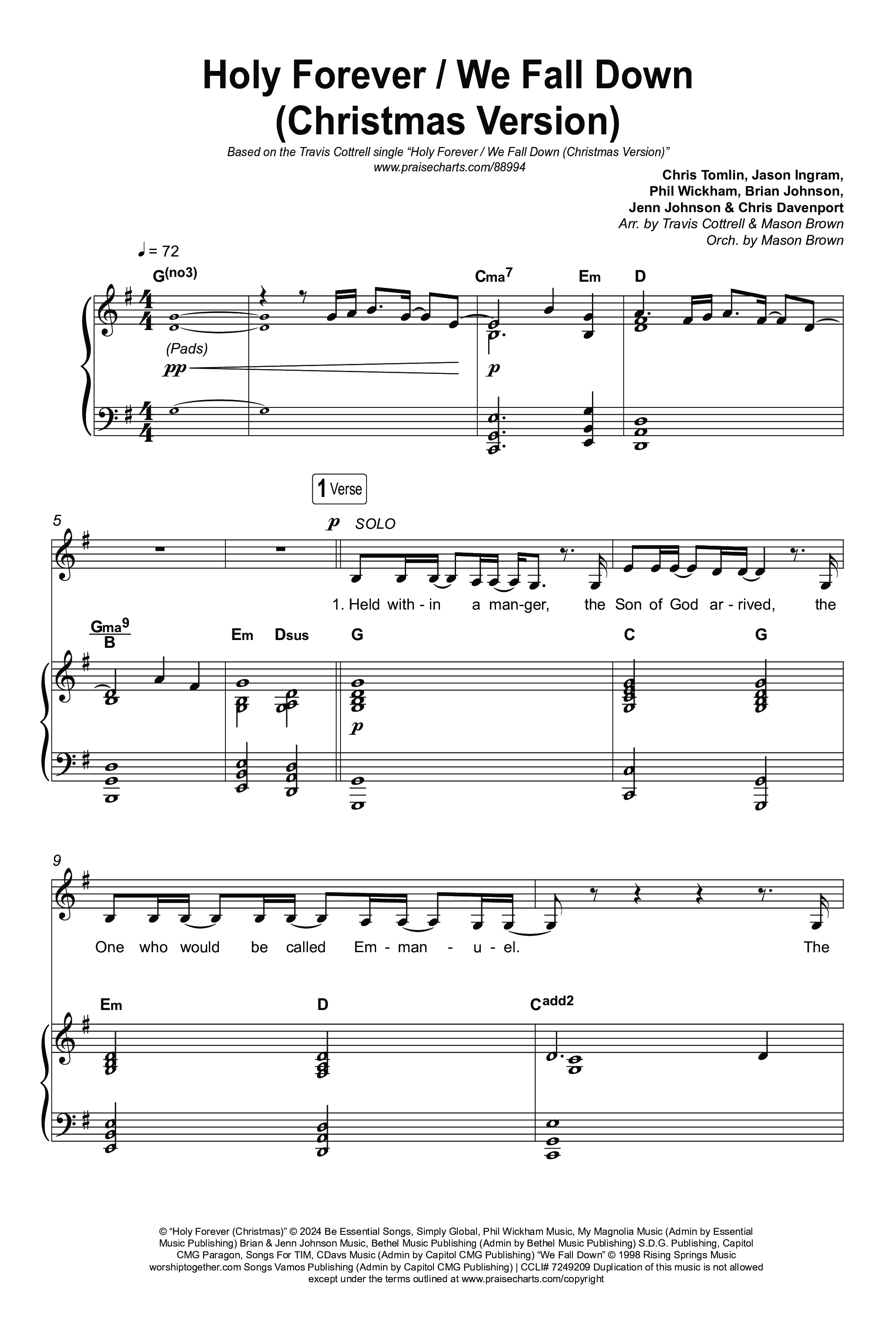 Holy Forever / We Fall Down (Christmas Version) (Choral/SATB) Octavo (SATB & Pno) (Travis Cottrell / Skye Reedy / Arr. Mason Brown)