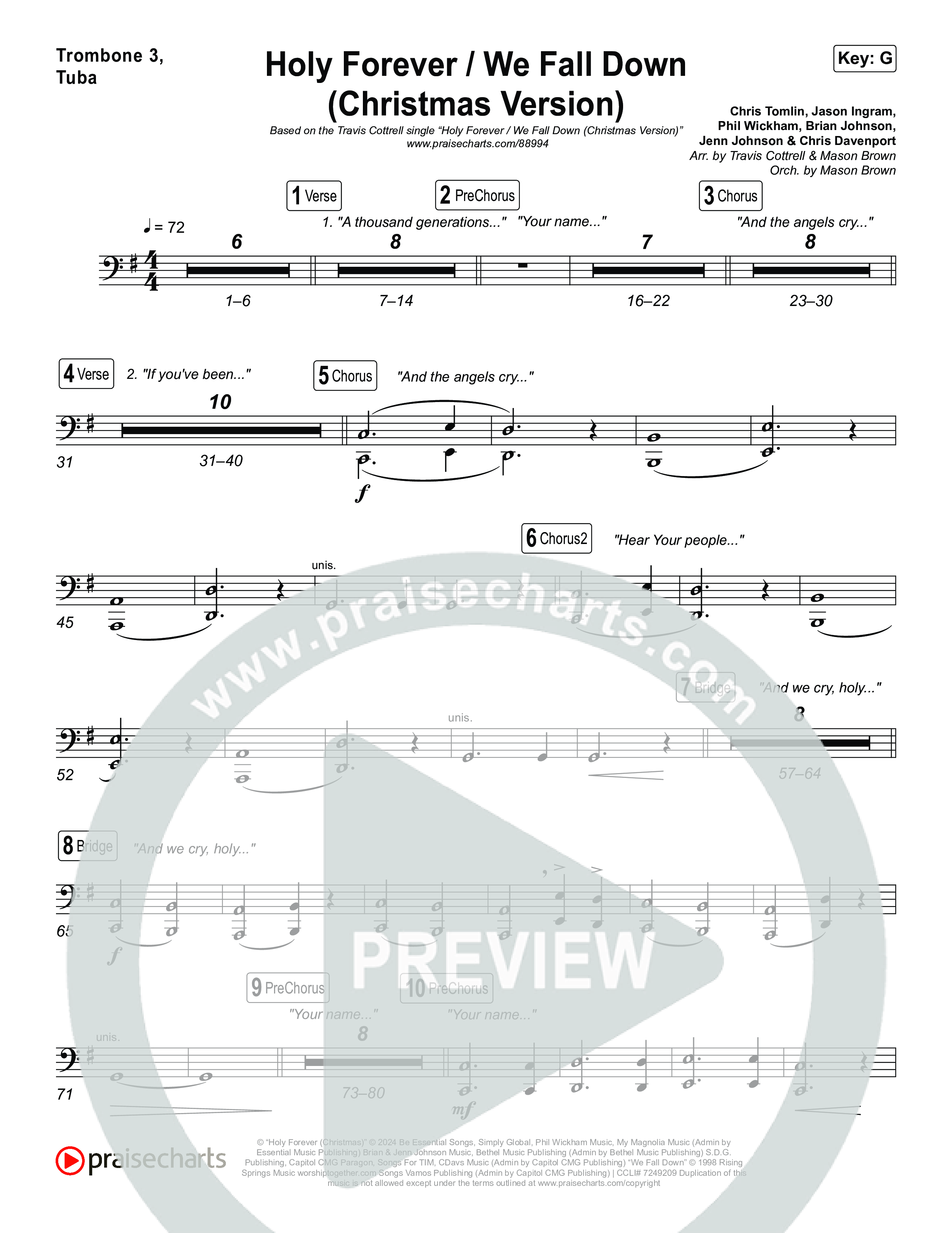 Holy Forever / We Fall Down (Christmas Version) (Choral/SATB) Trombone 3/Tuba (Travis Cottrell / Skye Reedy / Arr. Mason Brown)