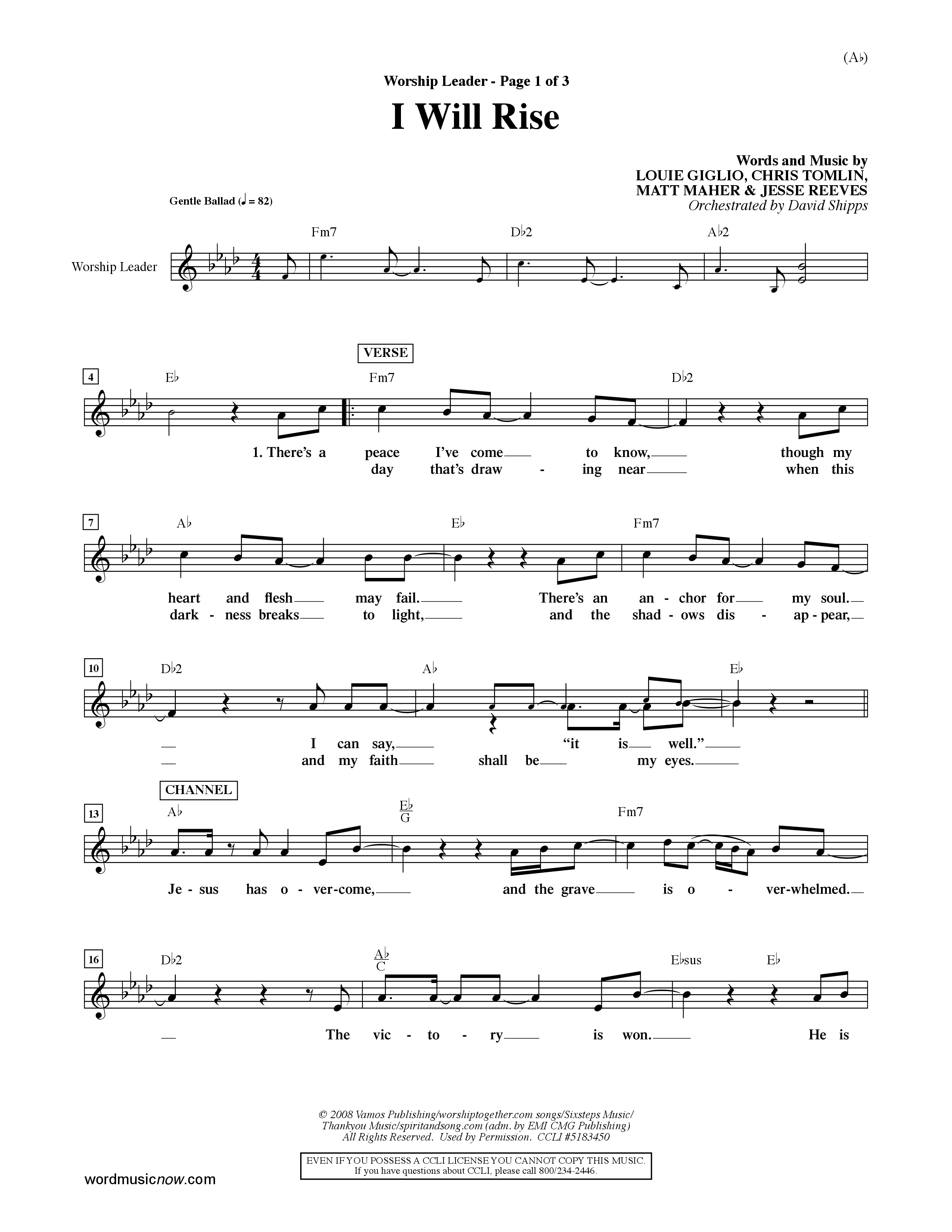 I Will Rise (Choral Anthem SATB) Lead Sheet (Mel) (Word Music Choral / Orch. David Shipps)