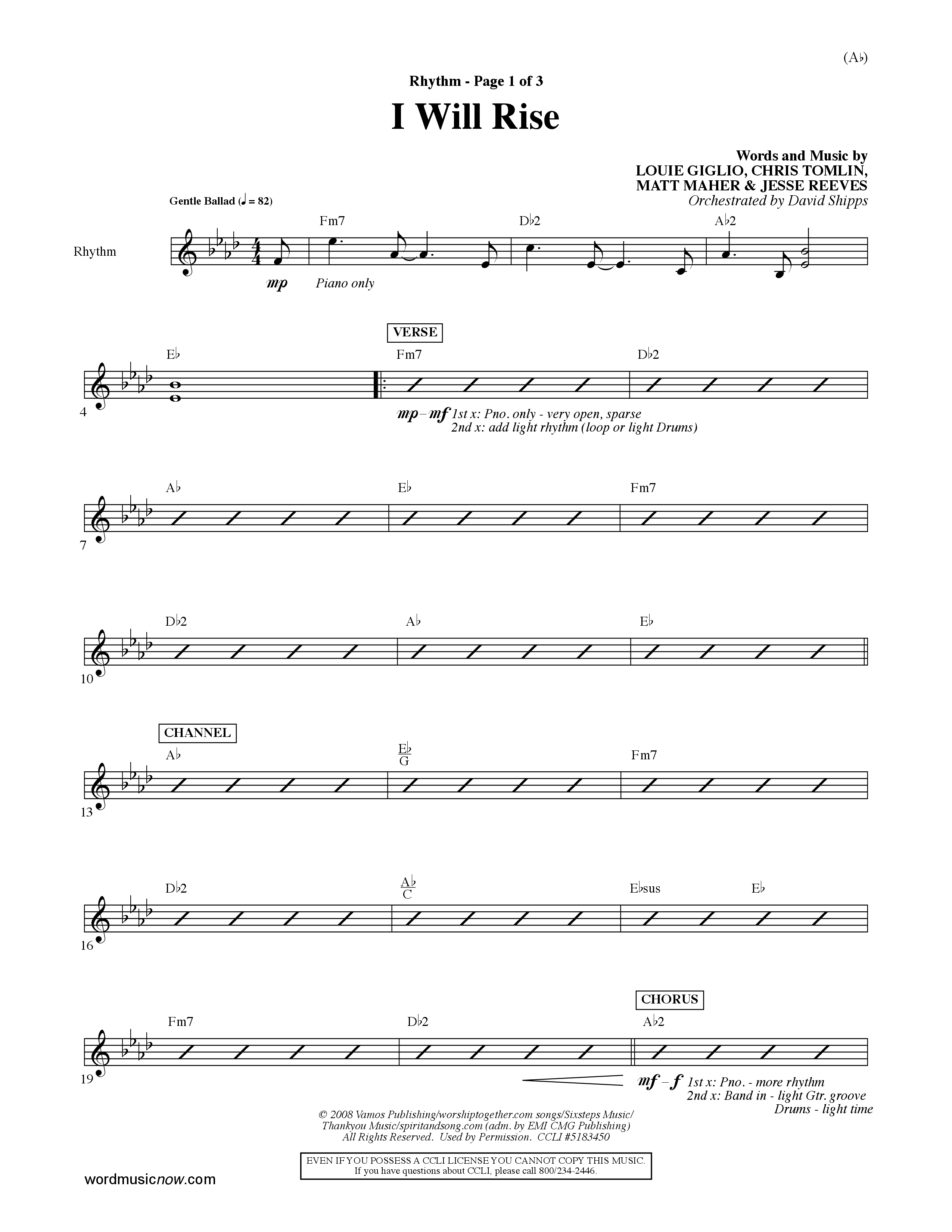 I Will Rise (Choral Anthem SATB) Rhythm Chart (Word Music Choral / Orch. David Shipps)