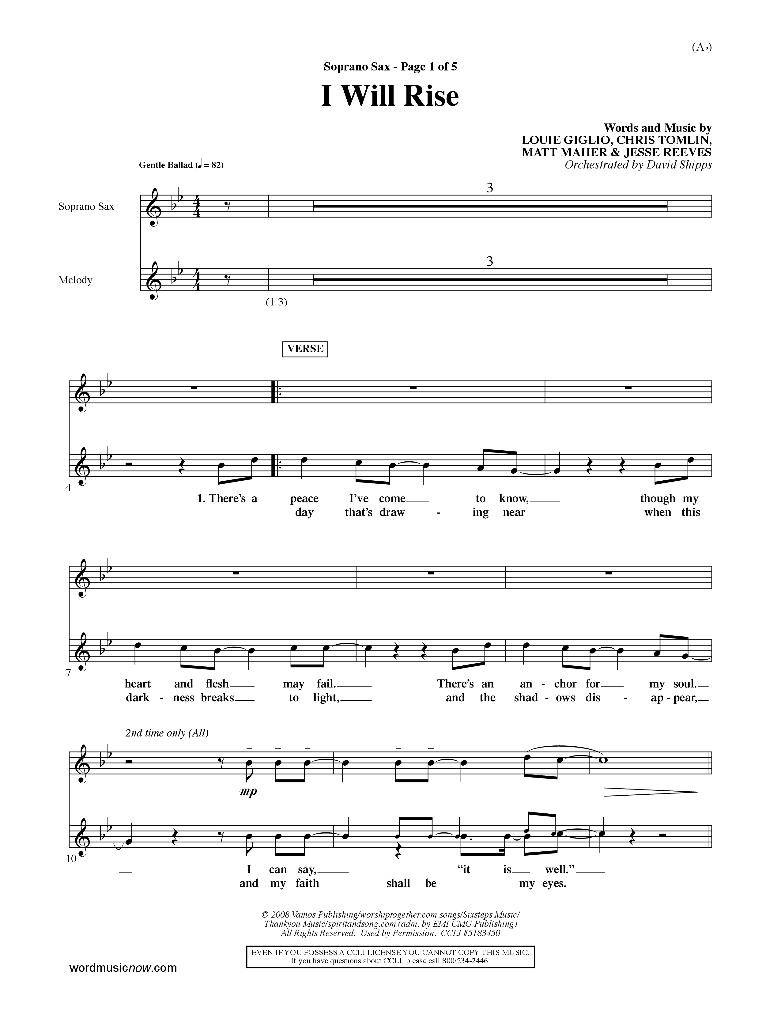 I Will Rise (Choral Anthem SATB) Saxophone (Word Music Choral / Orch. David Shipps)