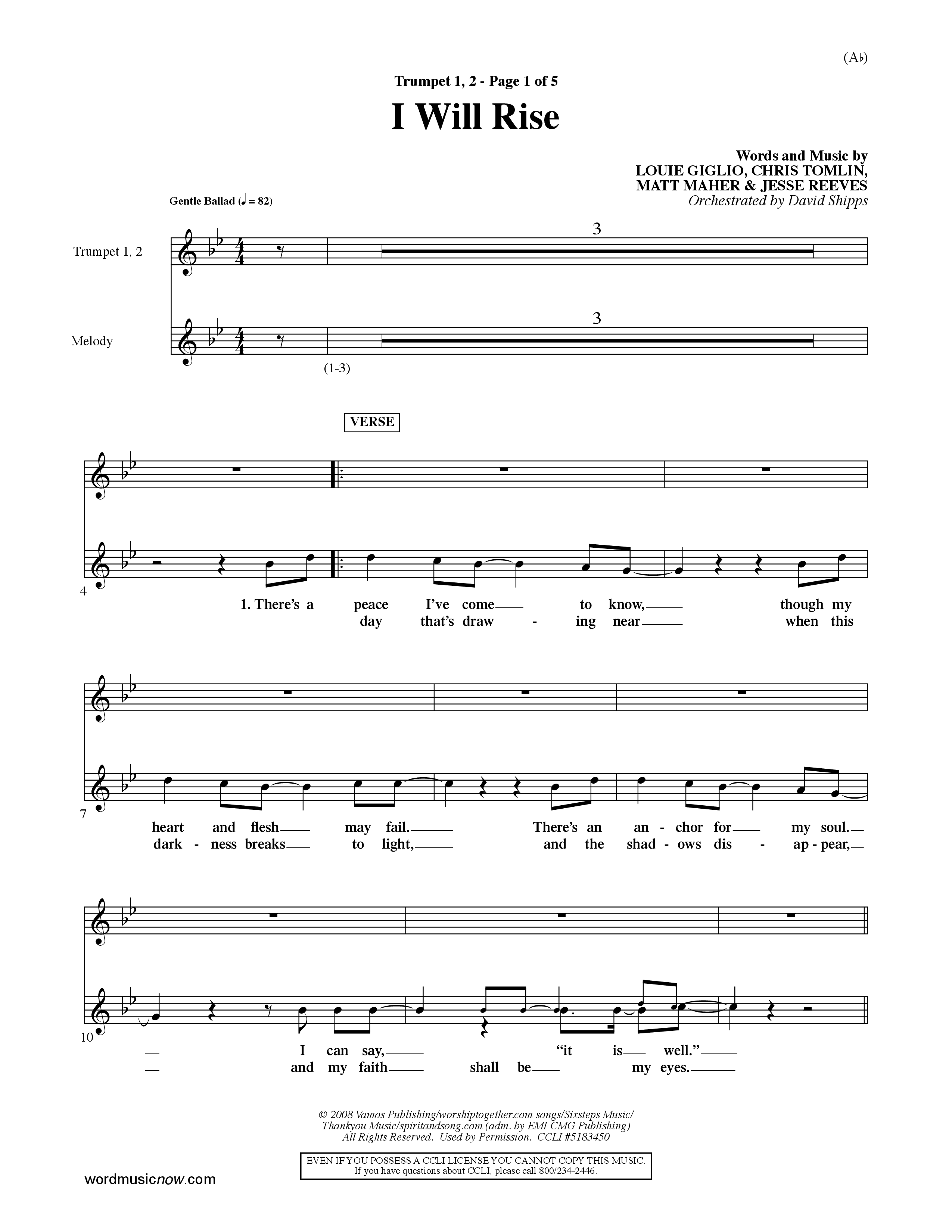 I Will Rise (Choral Anthem SATB) Trumpet 1,2 (Word Music Choral / Orch. David Shipps)