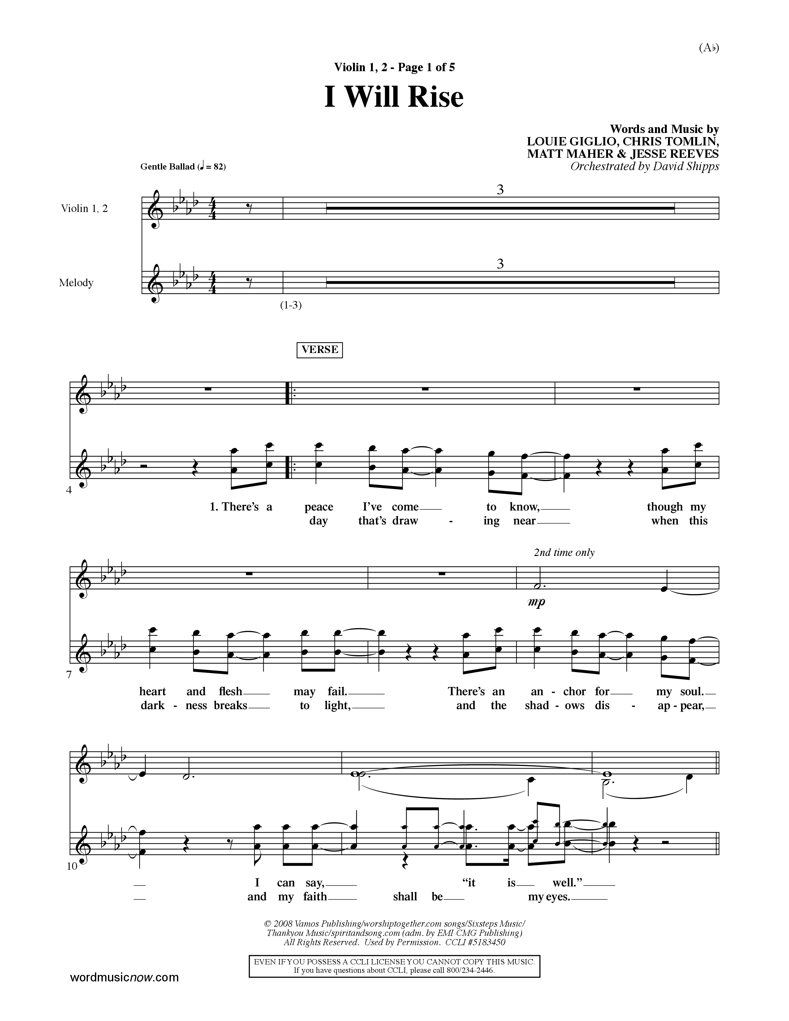 I Will Rise (Choral Anthem SATB) Violin 1/2 (Word Music Choral / Orch. David Shipps)