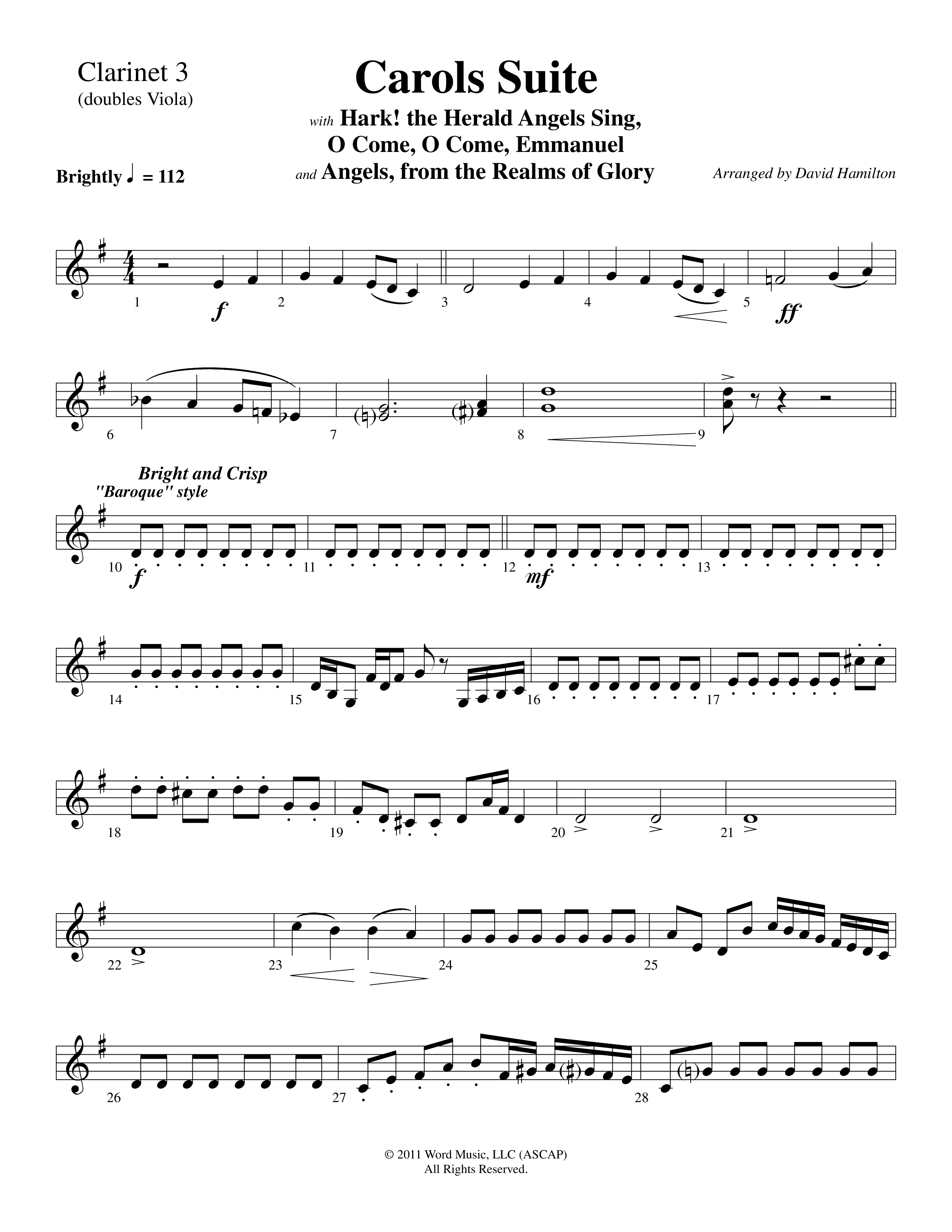 Carols Suite (Choral Anthem SATB) Clarinet 3 (Word Music Choral / Arr. David Hamilton)