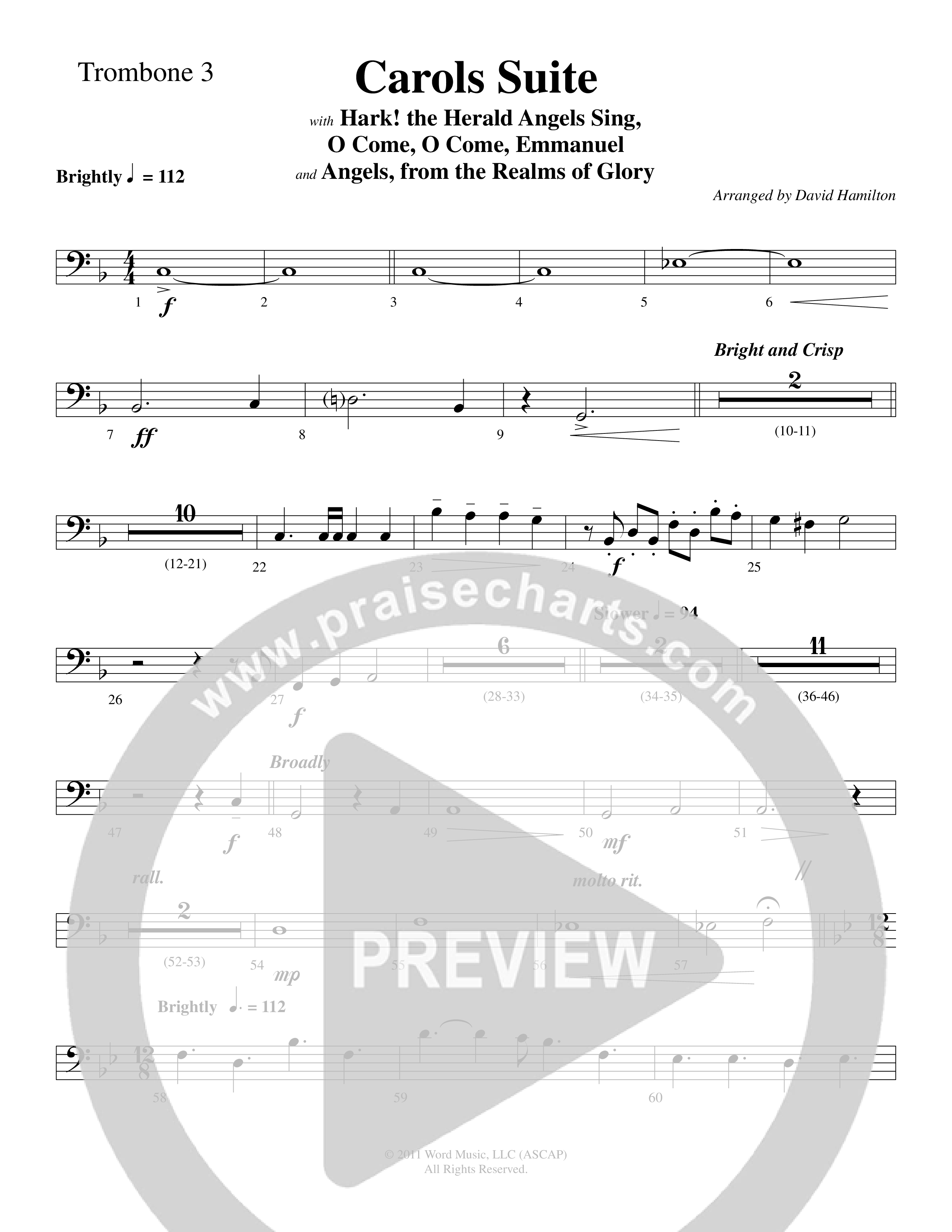 Carols Suite (Choral Anthem SATB) Trombone 3 (Word Music Choral / Arr. David Hamilton)