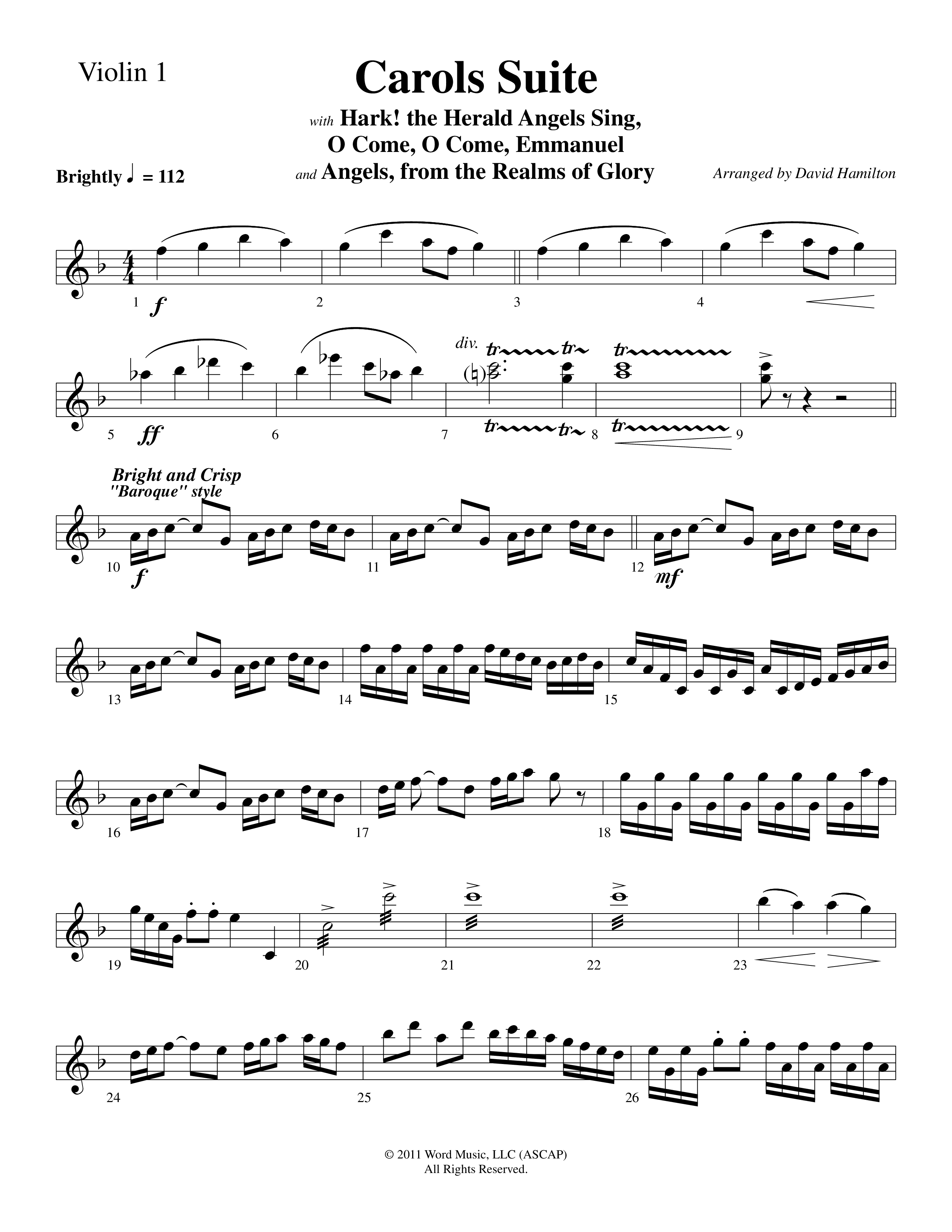 Carols Suite (Choral Anthem SATB) Violin 1 (Word Music Choral / Arr. David Hamilton)