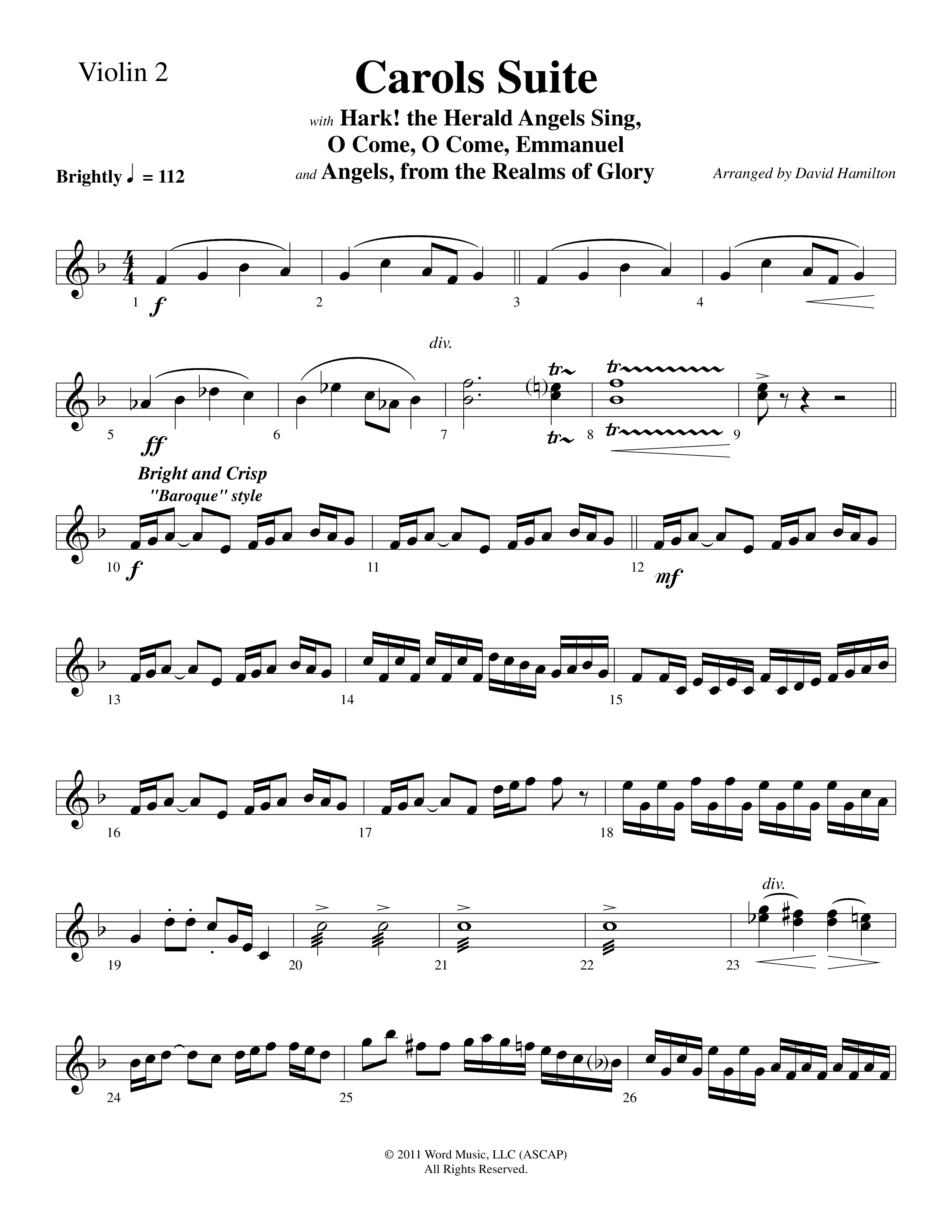 Carols Suite (Choral Anthem SATB) Violin 2 (Word Music Choral / Arr. David Hamilton)