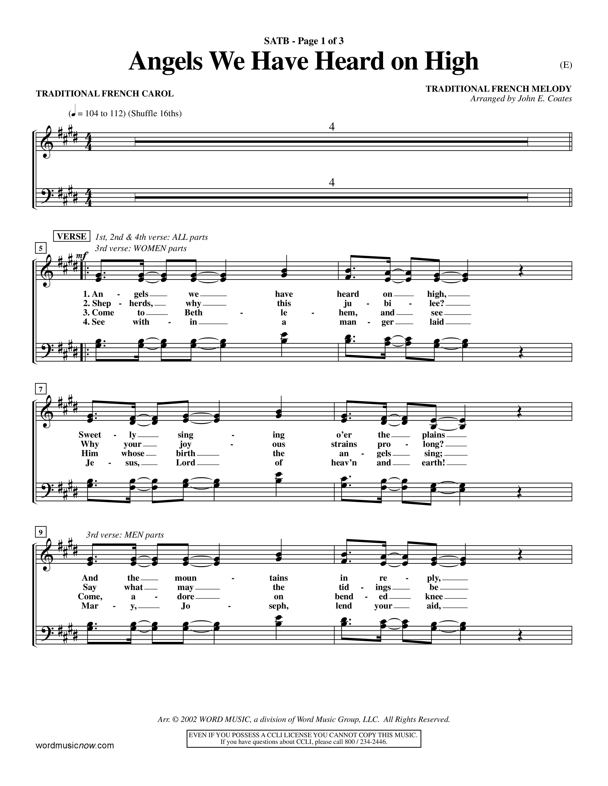 Angels We Have Heard On High (Choral Anthem SATB) Choir Sheet (SATB) (Word Music Choral / Arr. John Coates / Orch. Dave Williamson / Orch. Billy Payne)