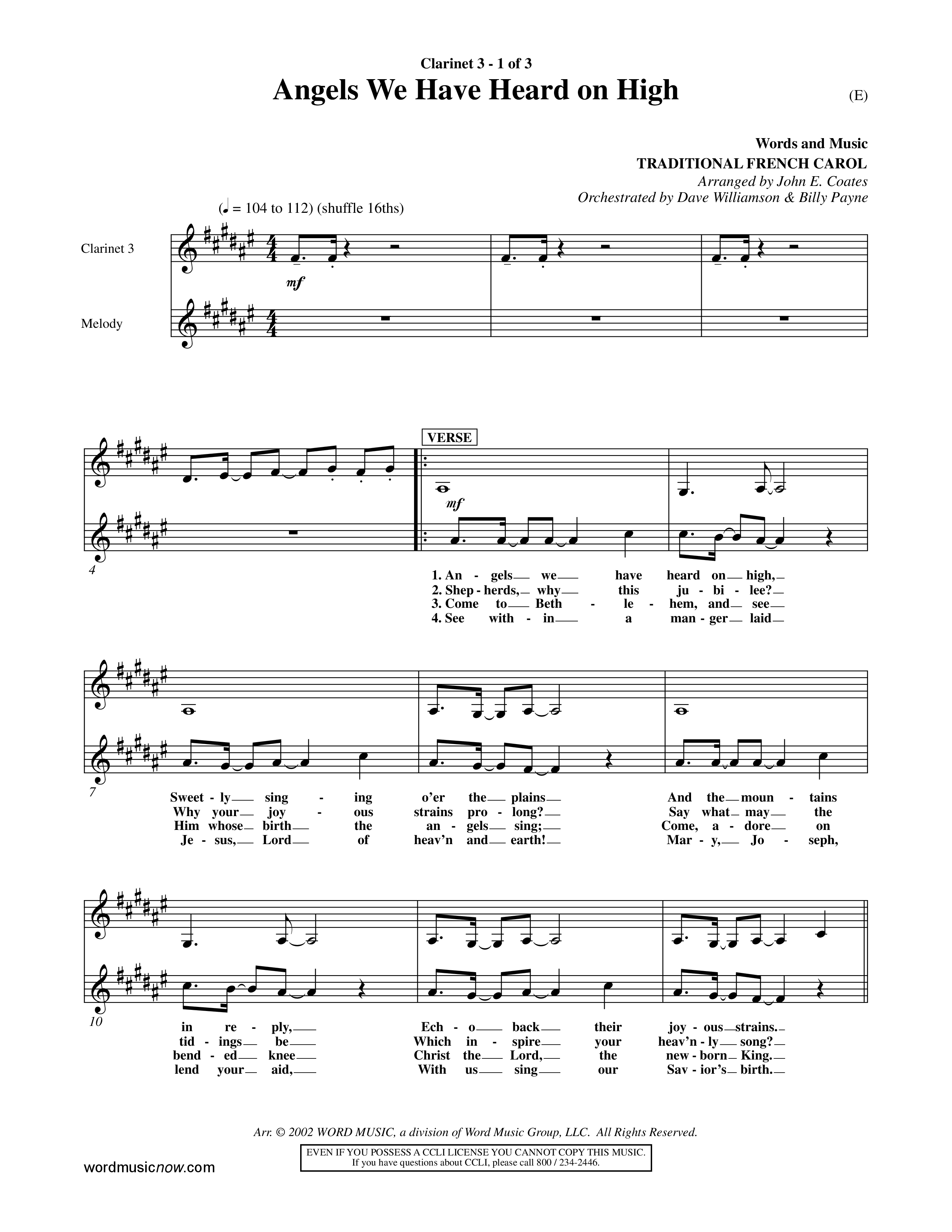 Angels We Have Heard On High (Choral Anthem SATB) Clarinet 3 (Word Music Choral / Arr. John Coates / Orch. Dave Williamson / Orch. Billy Payne)