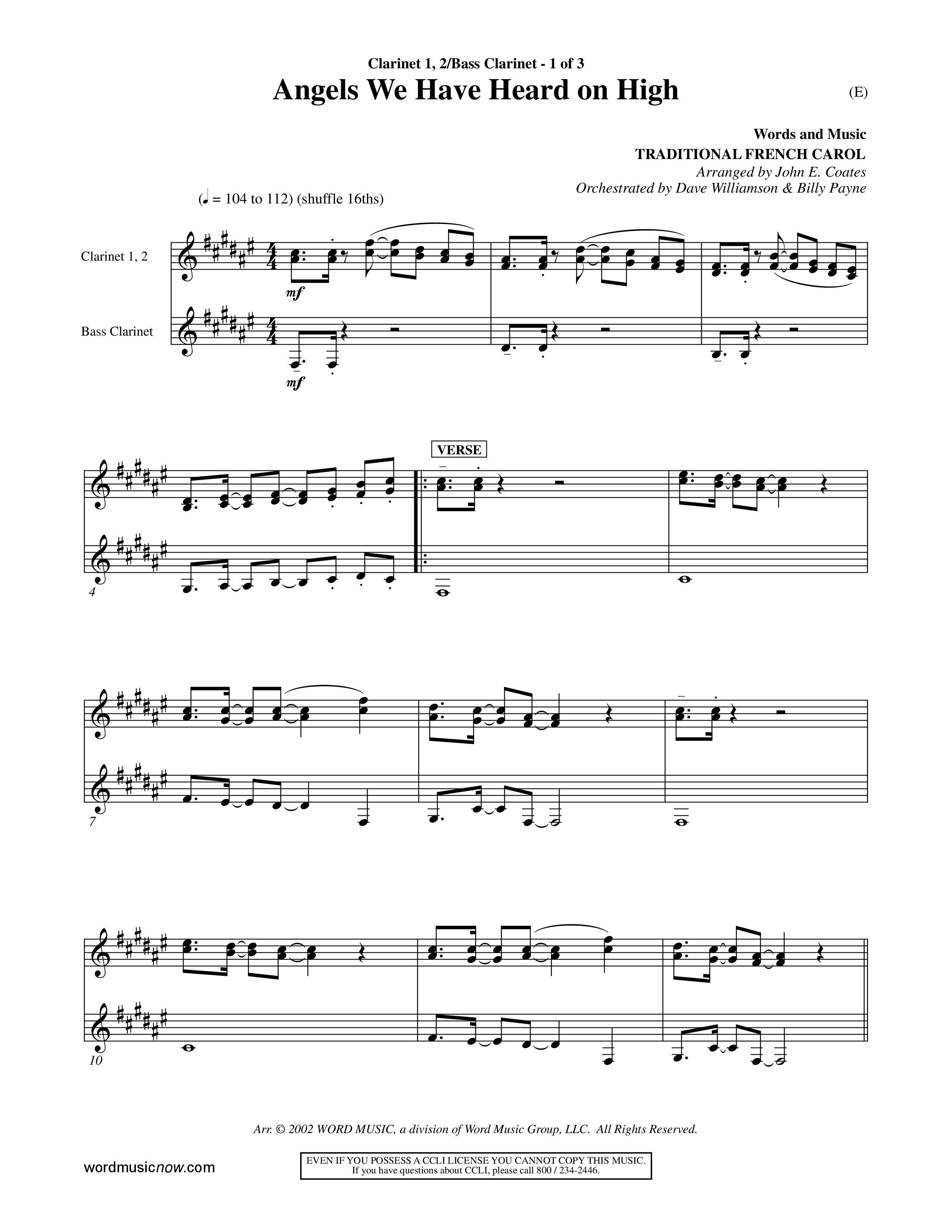 Angels We Have Heard On High (Choral Anthem SATB) Clarinet (Word Music Choral / Arr. John Coates / Orch. Dave Williamson / Orch. Billy Payne)