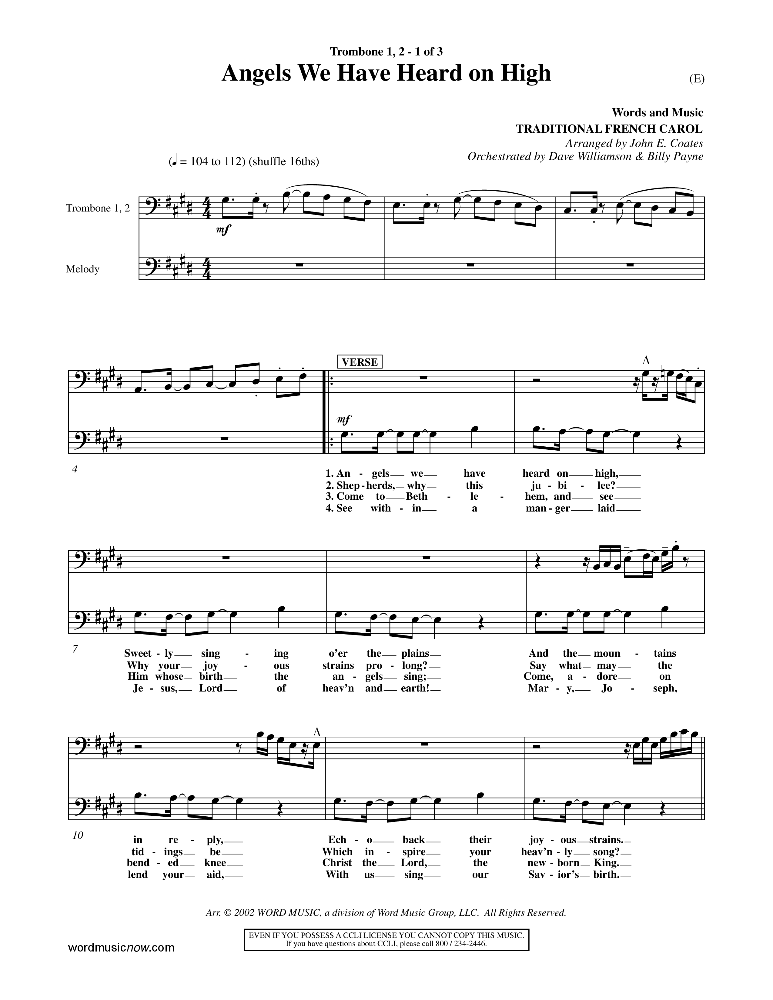 Angels We Have Heard On High (Choral Anthem SATB) Trombone 1/2 (Word Music Choral / Arr. John Coates / Orch. Dave Williamson / Orch. Billy Payne)