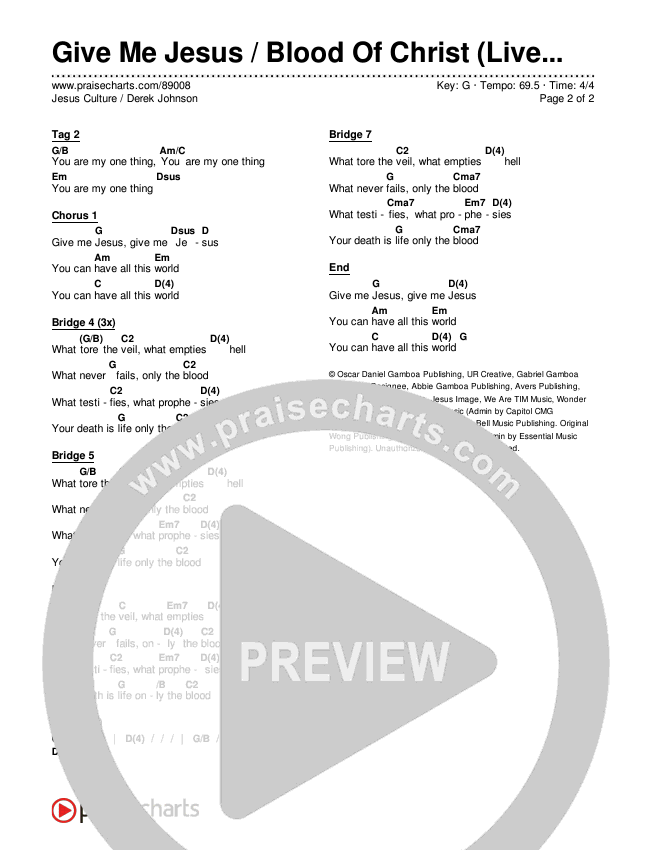 Give Me Jesus / Blood Of Christ (Live) Chords & Lyrics (Jesus Culture / Derek Johnson)