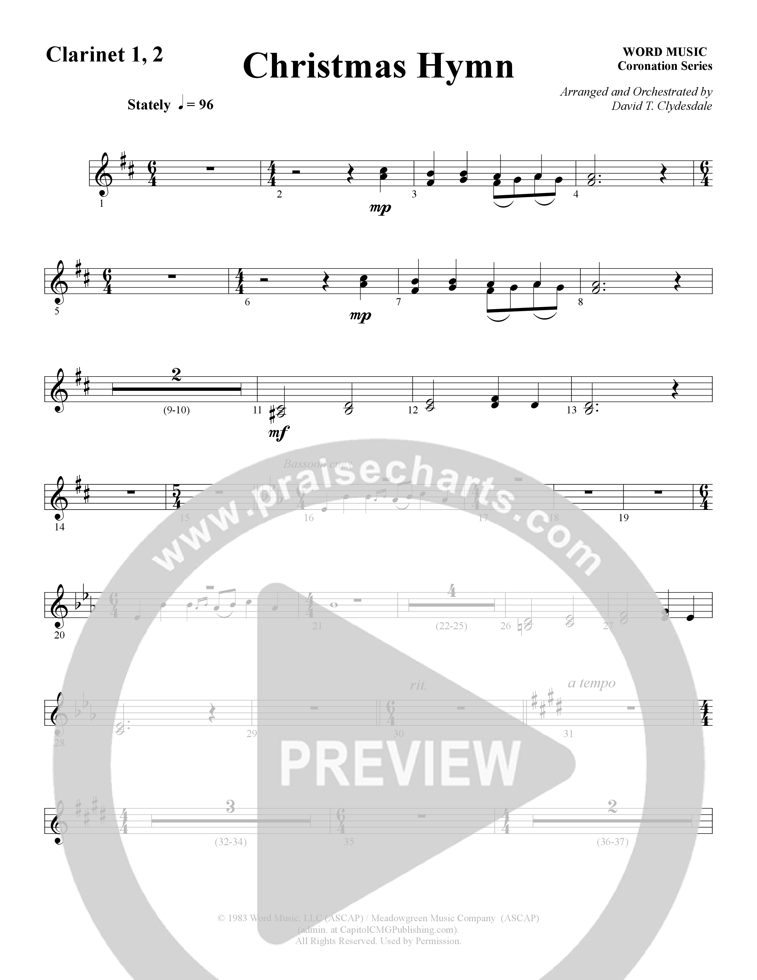Christmas Hymn (Instrumental) Clarinet 1/2 (Word Music / Arr. David Clydesdale)