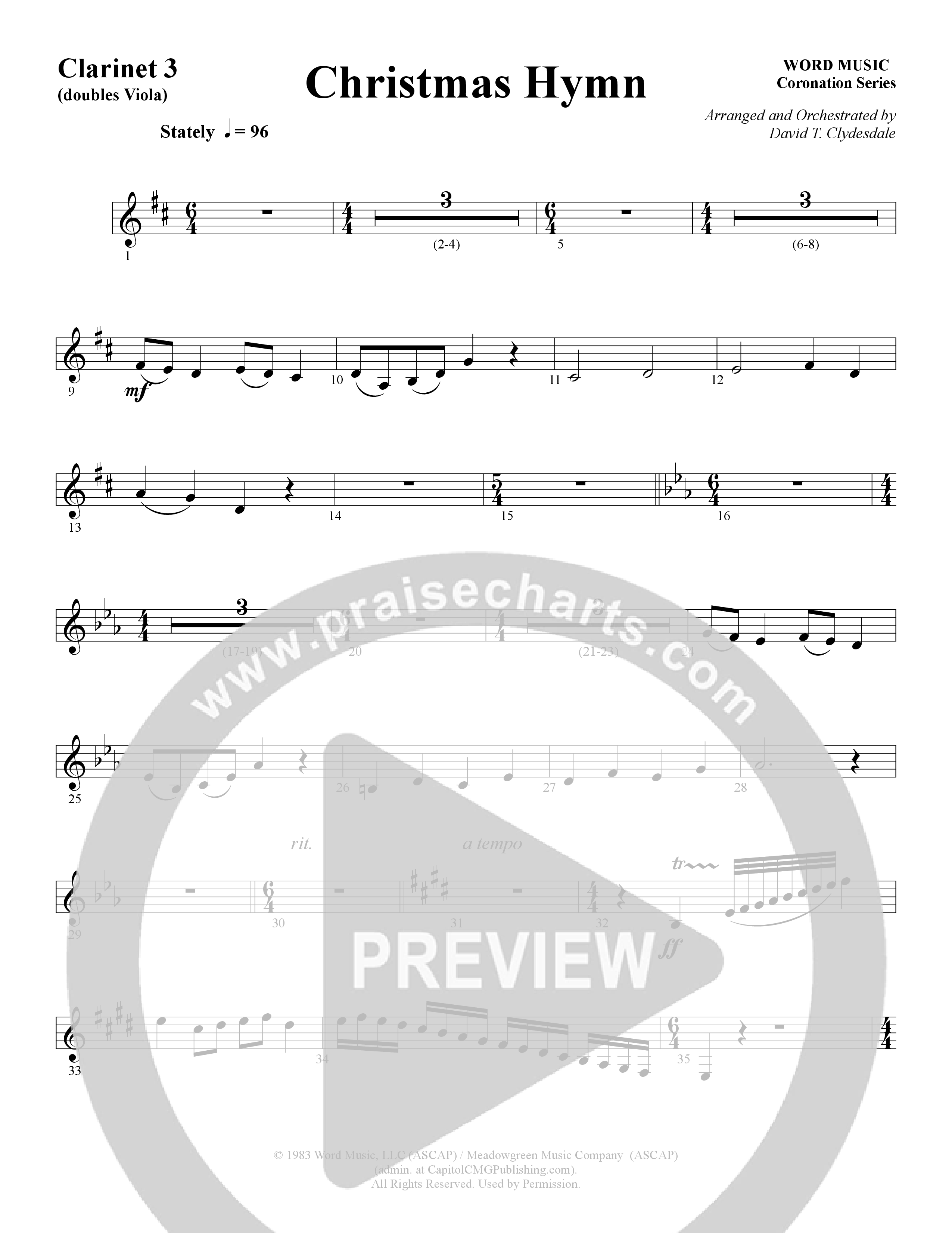 Christmas Hymn (Instrumental) Clarinet 3 (Word Music / Arr. David Clydesdale)