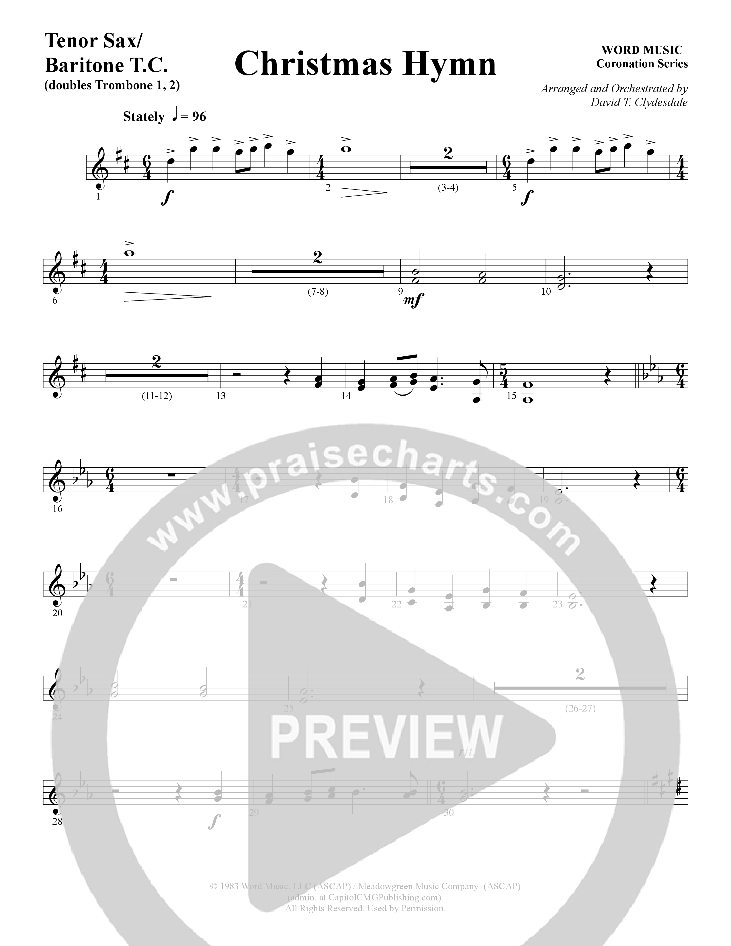 Christmas Hymn (Instrumental) Tenor Sax/Baritone T.C. (Word Music / Arr. David Clydesdale)