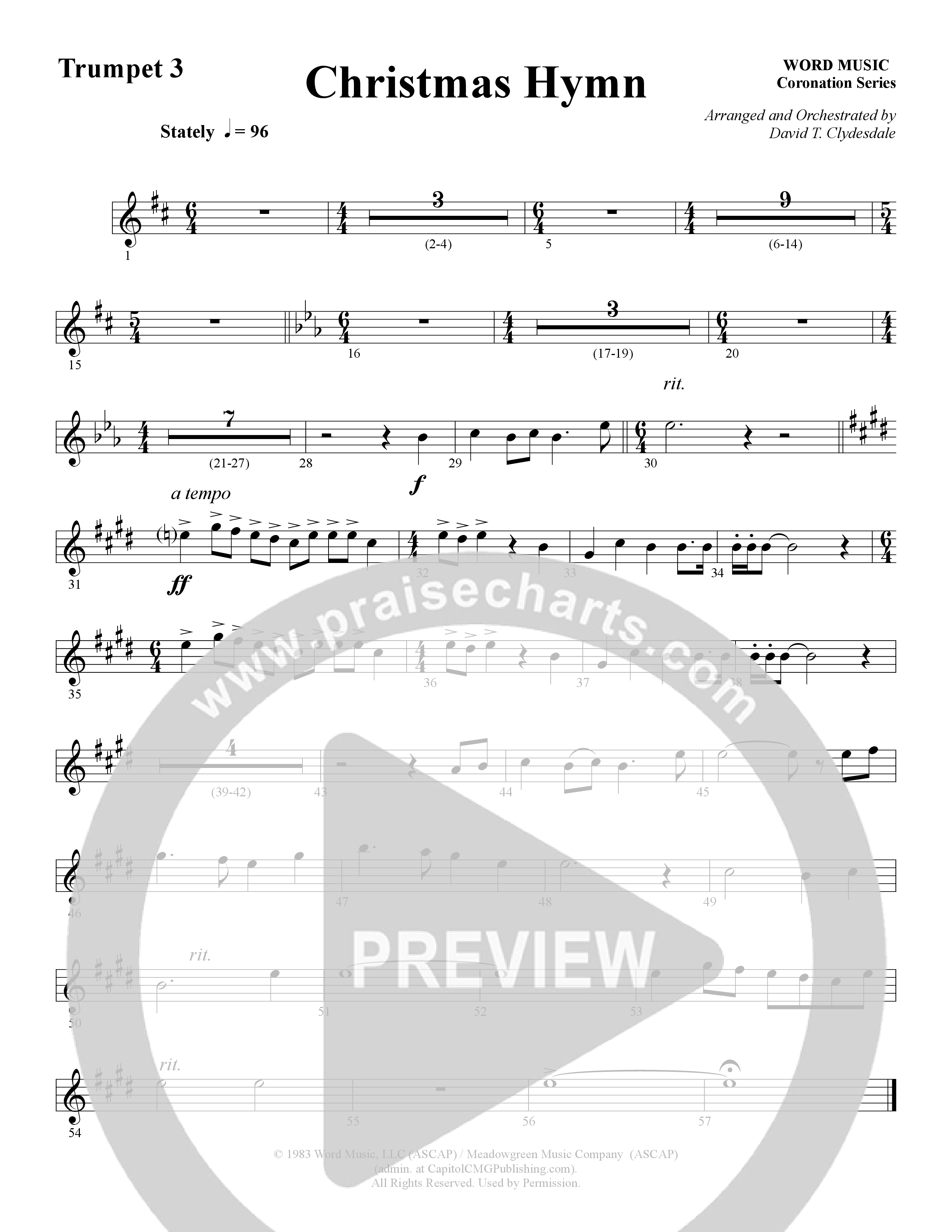 Christmas Hymn (Instrumental) Trumpet 3 (Word Music / Arr. David Clydesdale)