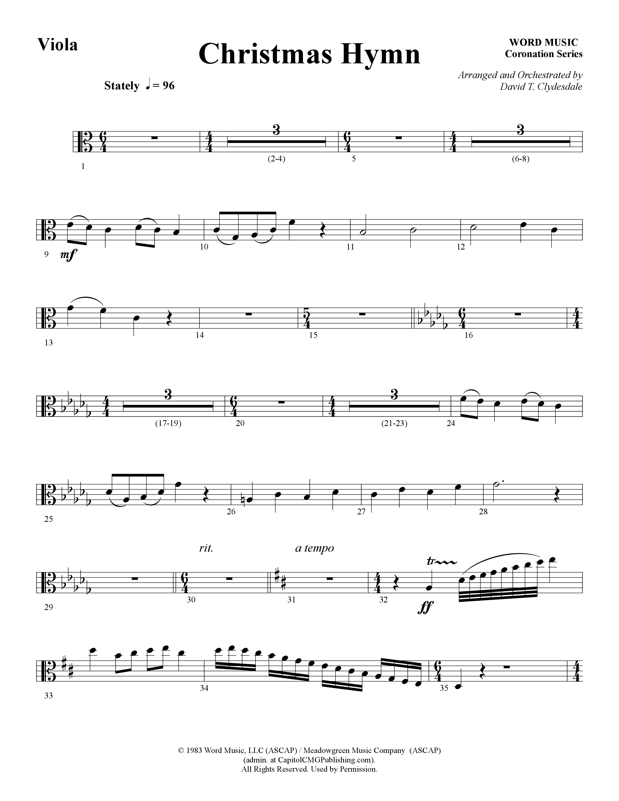 Christmas Hymn (Instrumental) Viola (Word Music / Arr. David Clydesdale)