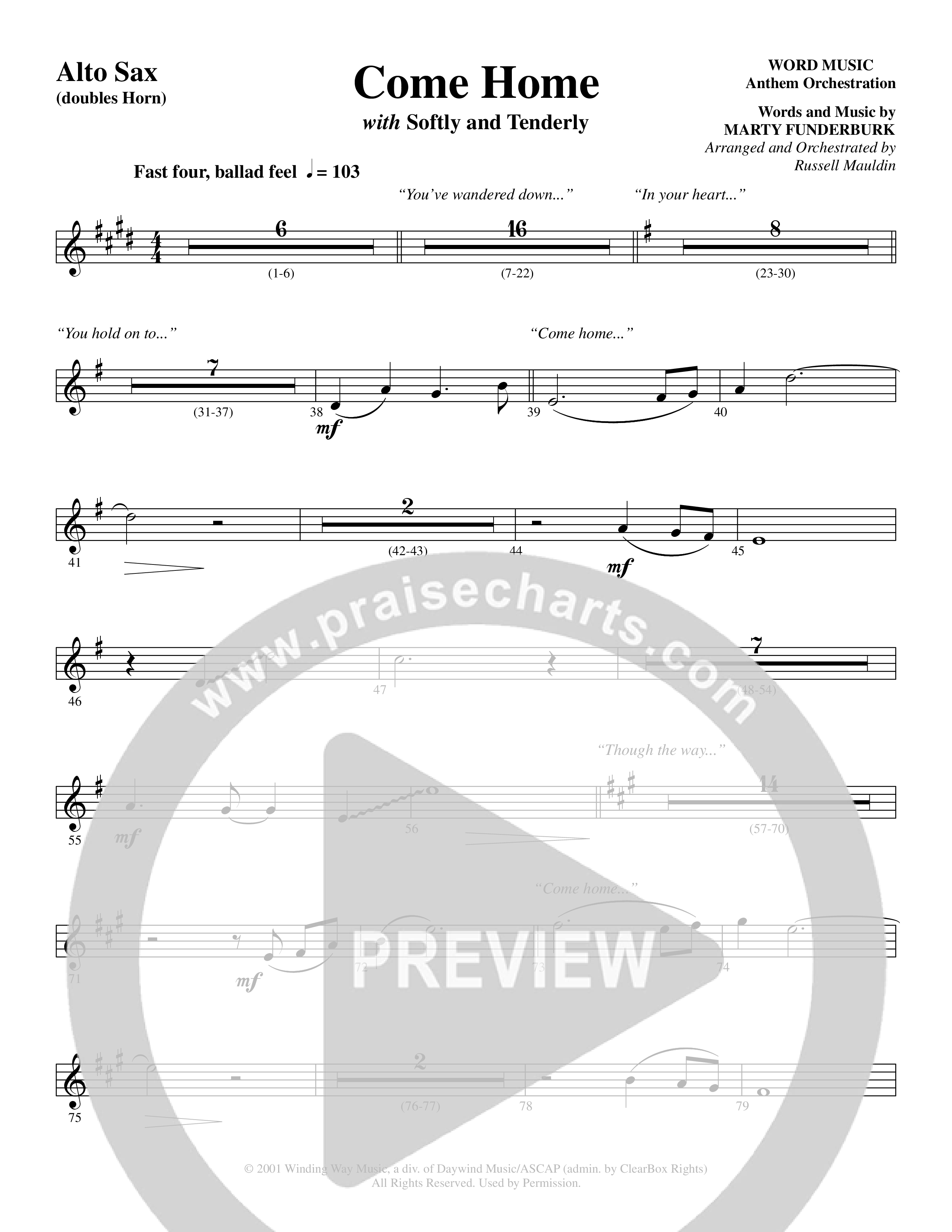 Come Home (with Softly and Tenderly) (Choral Anthem SATB) Alto Sax (Word Music Choral / Arr. Russell Mauldin)