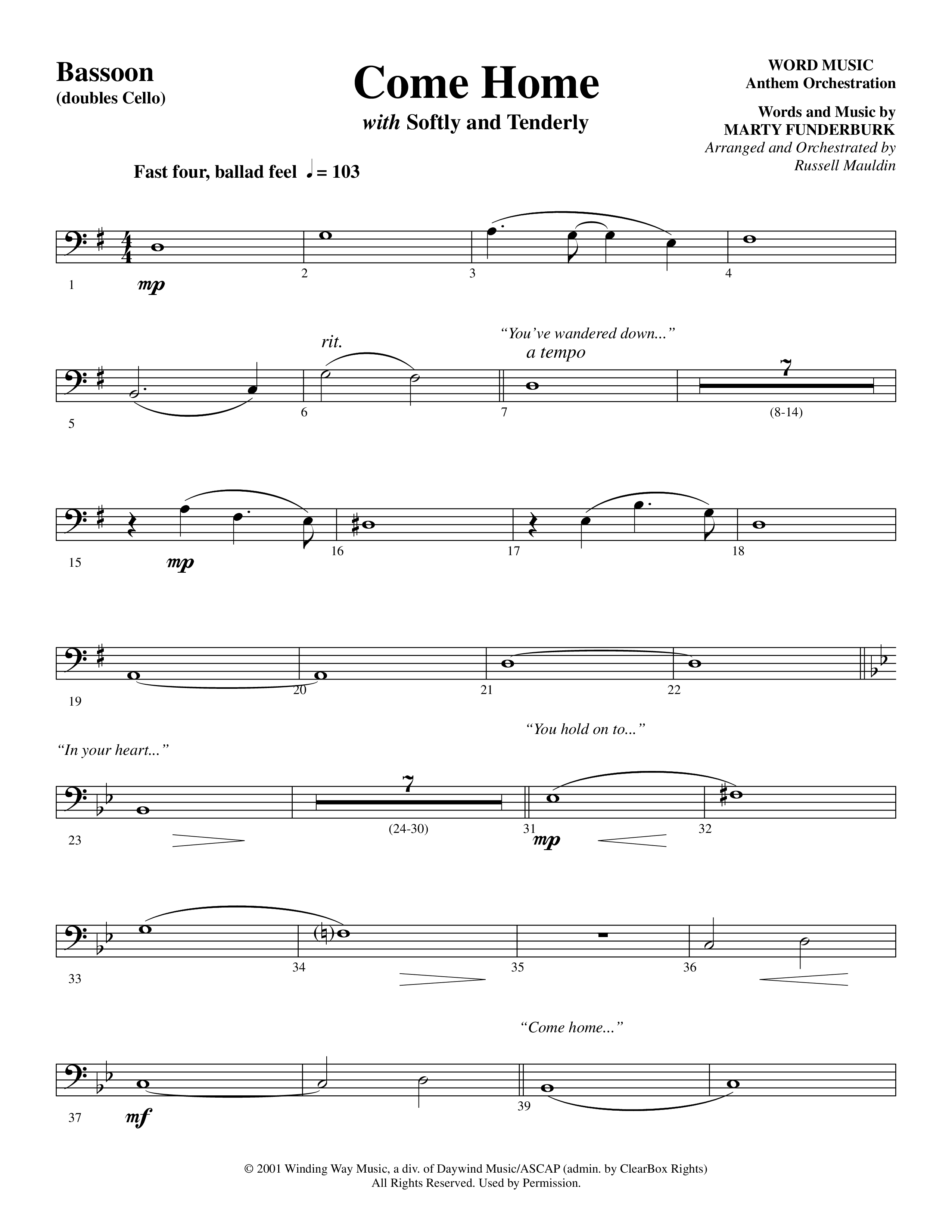Come Home (with Softly and Tenderly) (Choral Anthem SATB) Bassoon (Word Music Choral / Arr. Russell Mauldin)