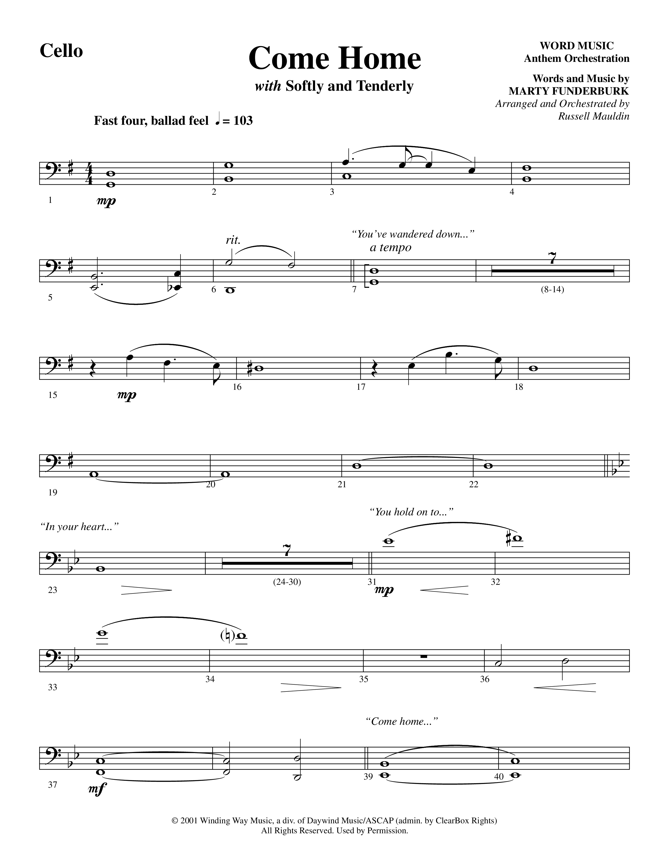 Come Home (with Softly and Tenderly) (Choral Anthem SATB) Cello (Word Music Choral / Arr. Russell Mauldin)